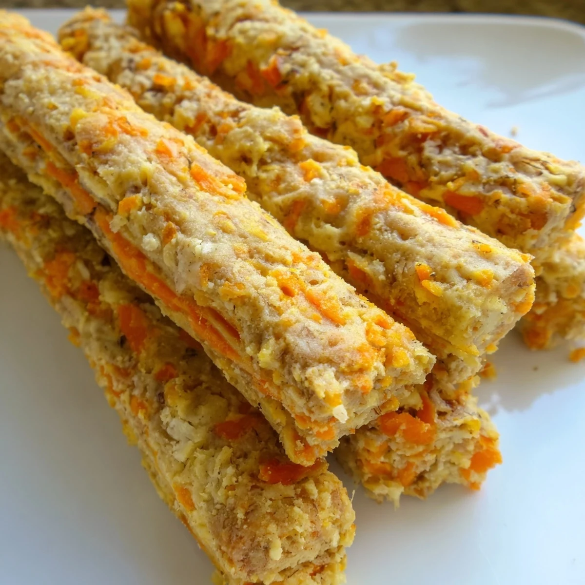 Golden baked carrot and apple dog chew sticks arranged on parchment paper for healthy homemade pet treats