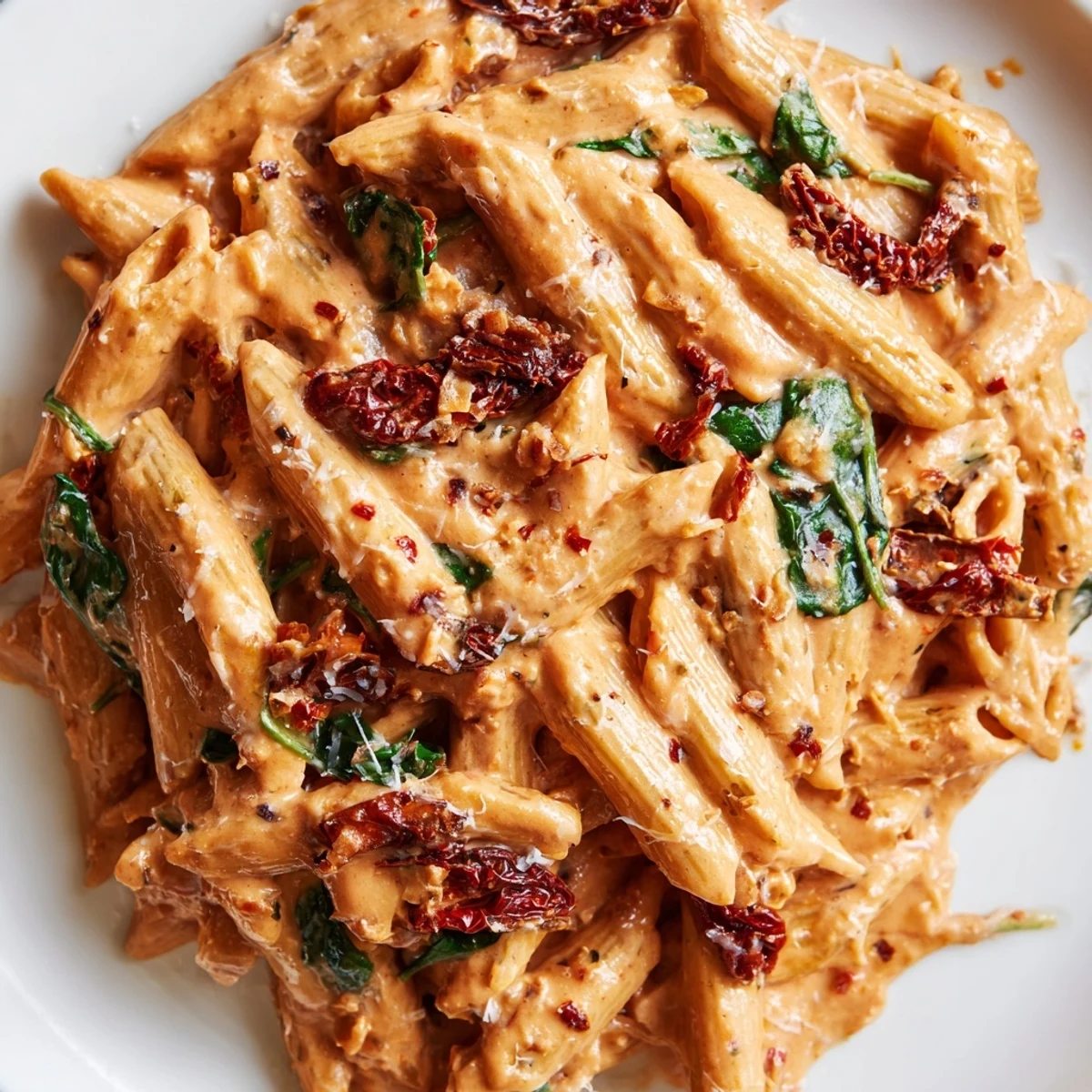 Creamy sun dried tomato spinach pasta twirled in a rustic skillet with vibrant green leaves