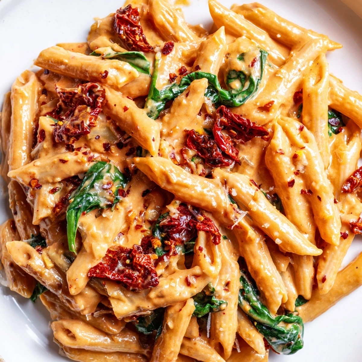 One pan creamy sun dried tomato spinach pasta coated in velvety tomato cream sauce