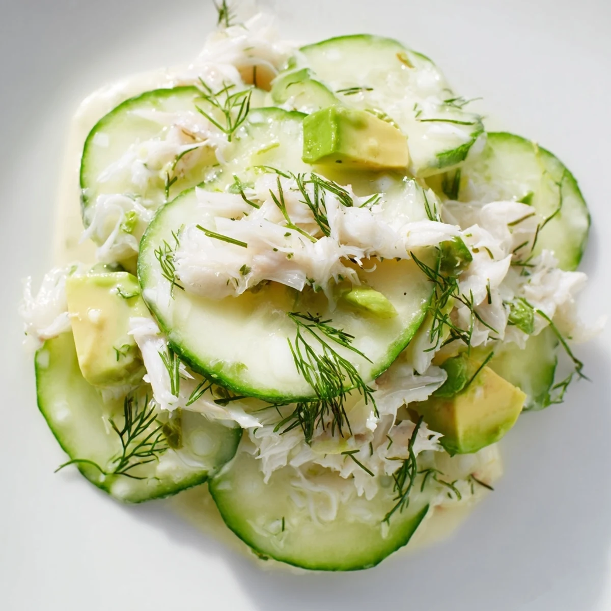 Cucumber salad with crab meat in creamy dressing topped with fresh dill sprigs