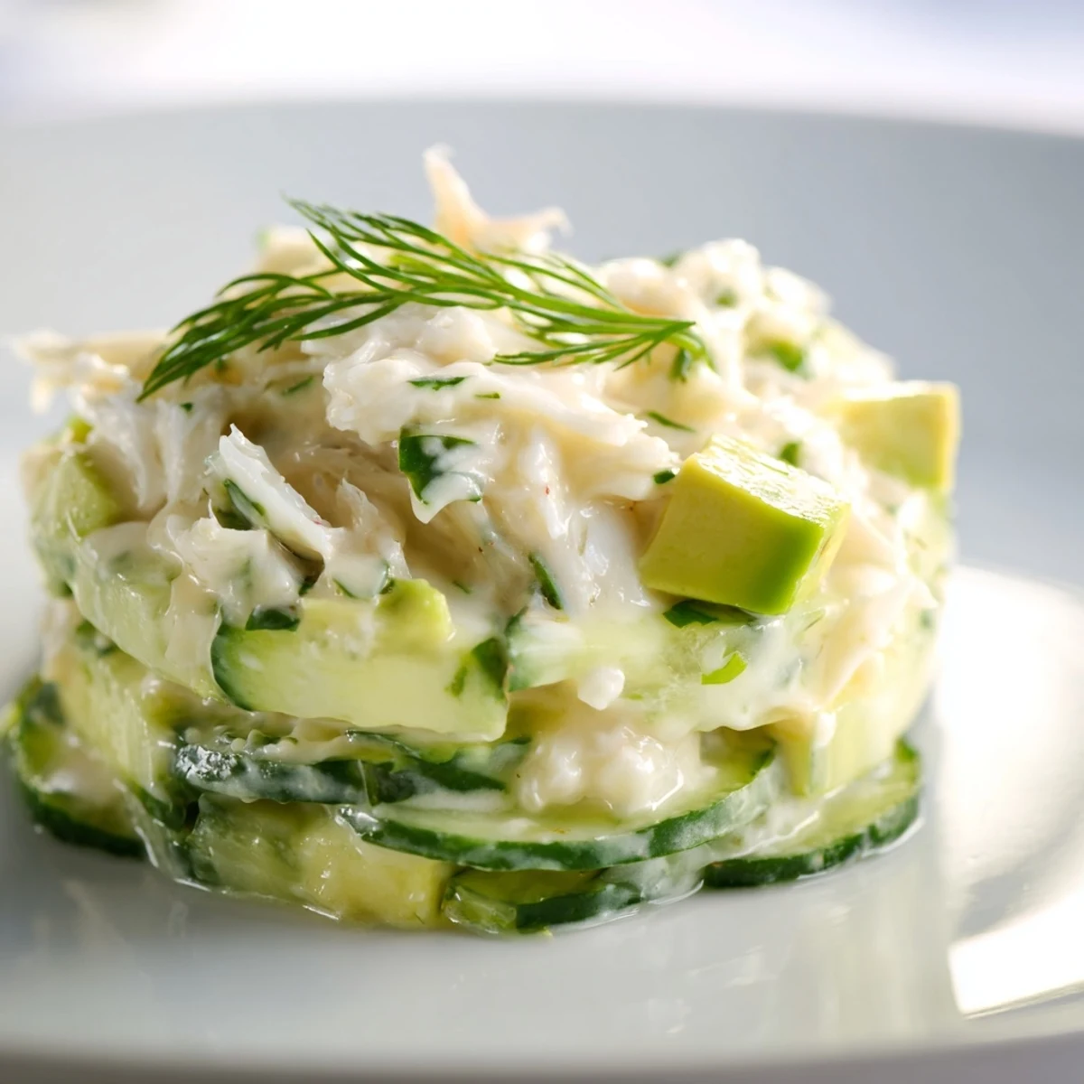 Chilled cucumber salad with crab meat featuring crisp slices and tender seafood pieces