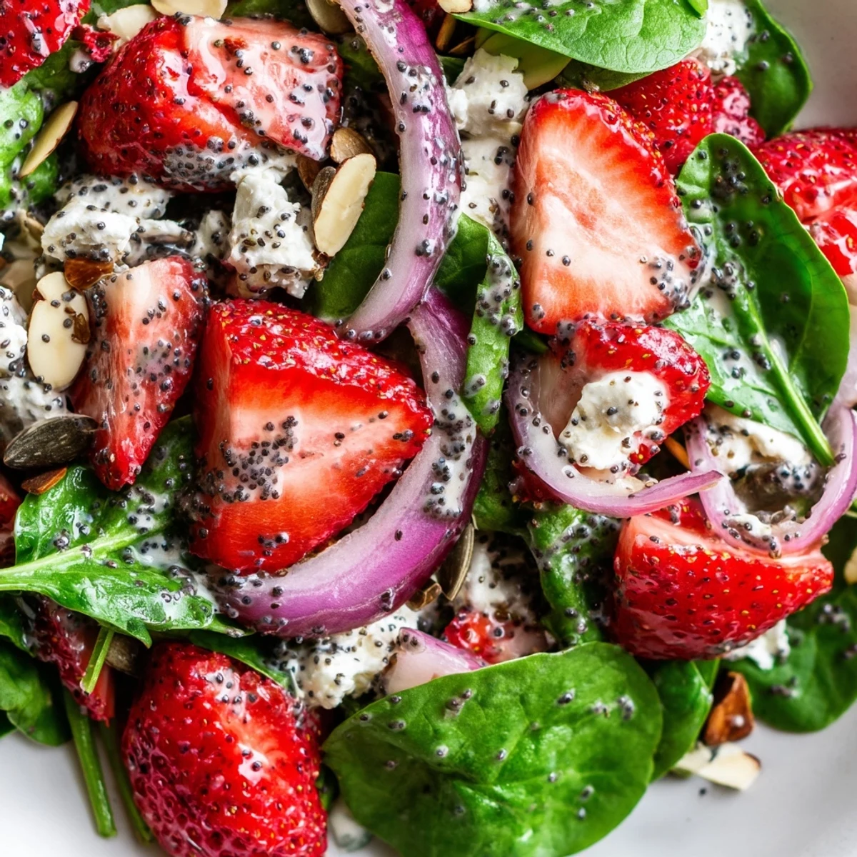 Fresh strawberry spinach salad with glossy balsamic poppy seed dressing drizzled on top