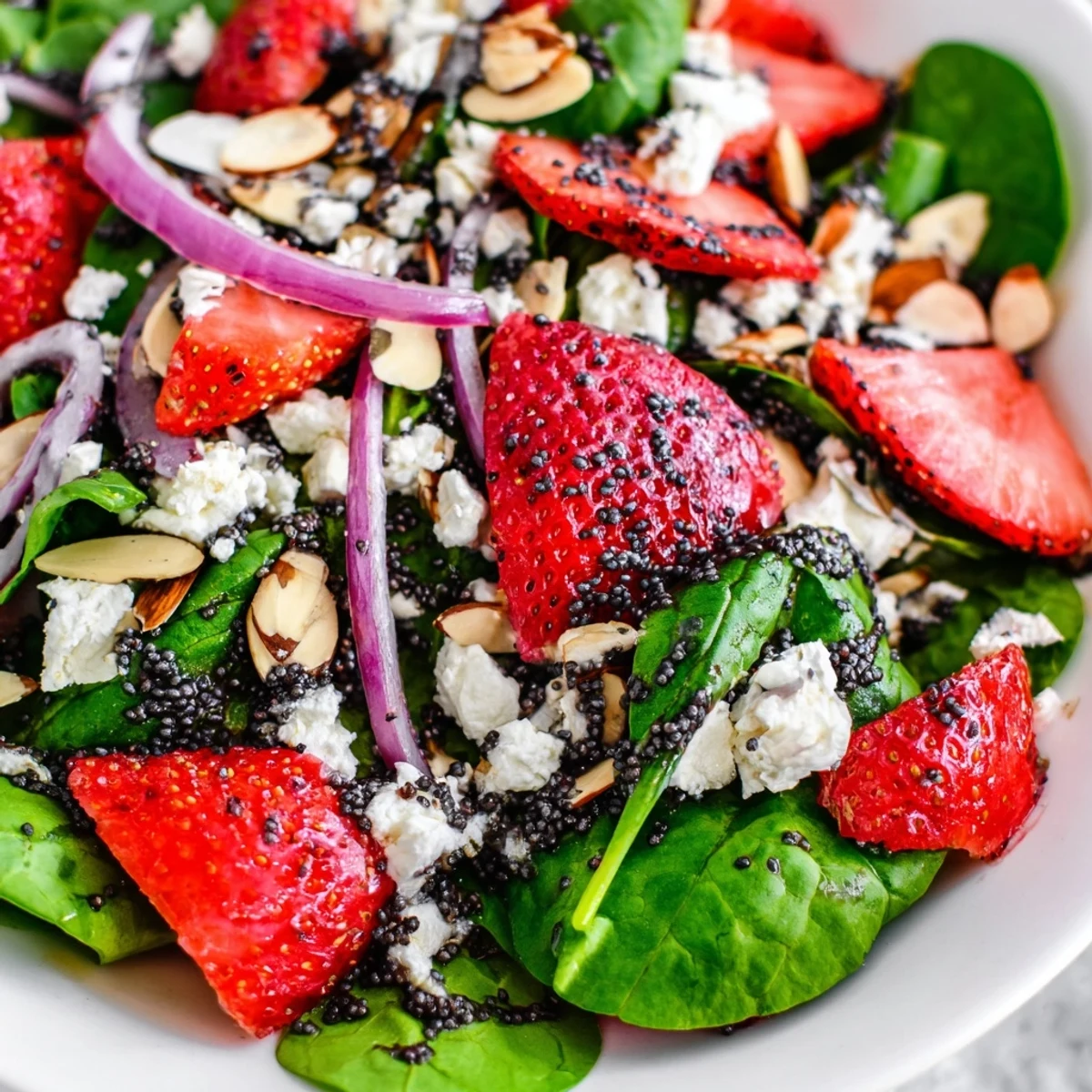 Bright strawberry spinach salad topped with crumbled feta cheese and toasted sliced almonds