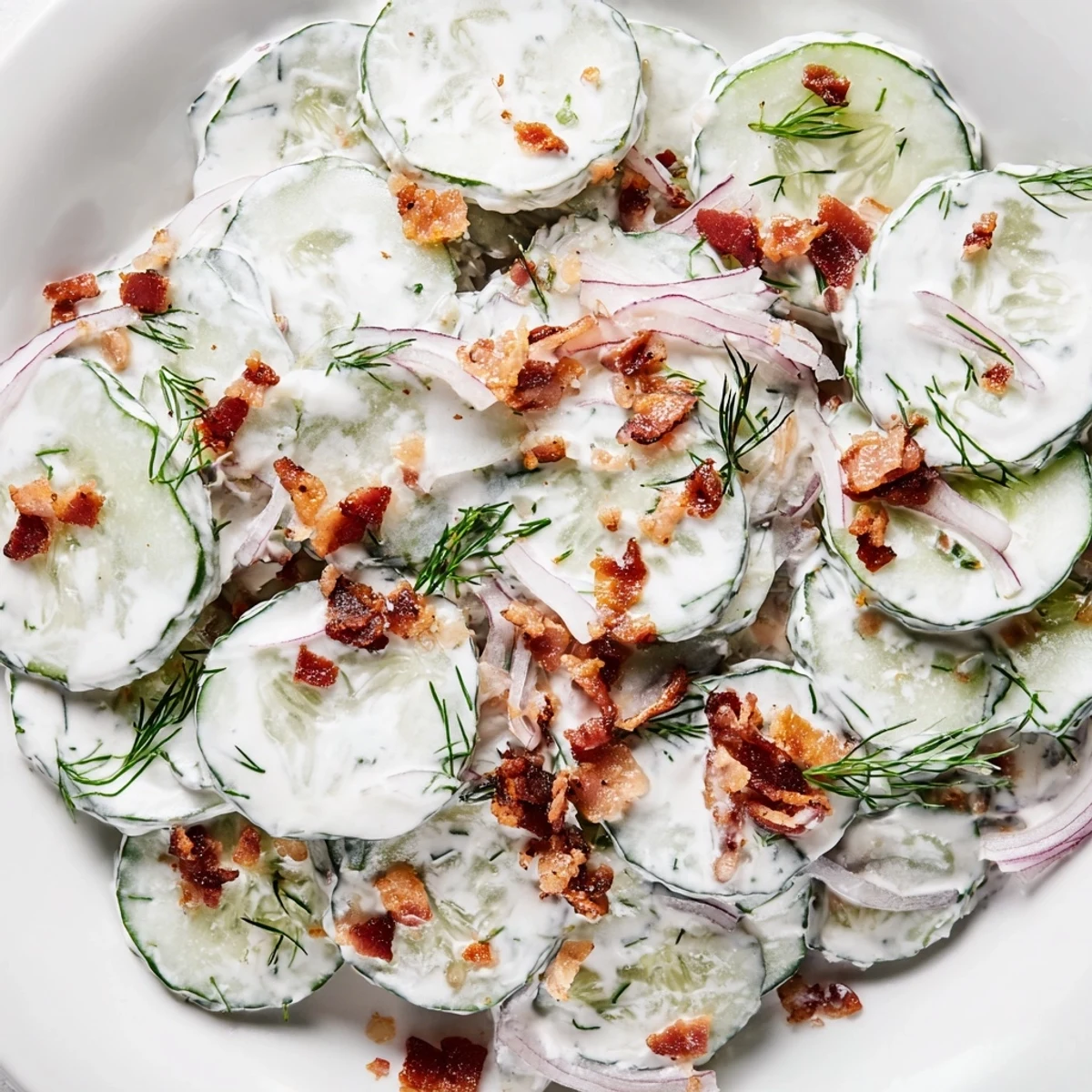 Thinly sliced cucumbers and red onions in tangy healthy cucumber salad with bacon