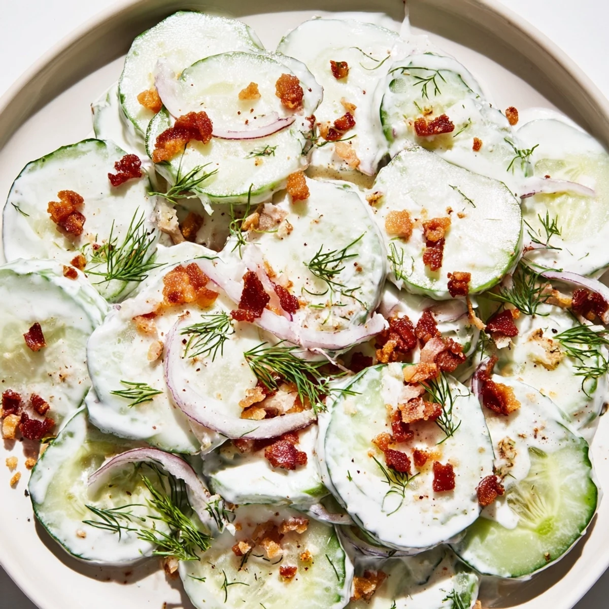 Crispy bacon crumbles top this fresh cucumber salad with creamy Greek yogurt dressing