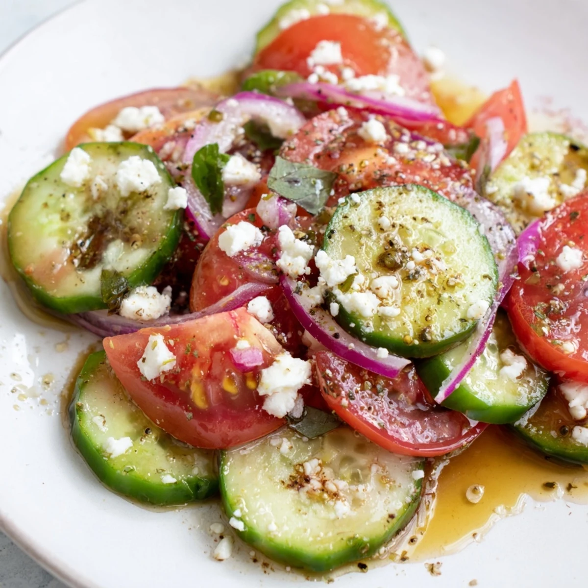 Crisp Italian cucumber salad with ripe tomatoes and red onion in zesty herb dressing