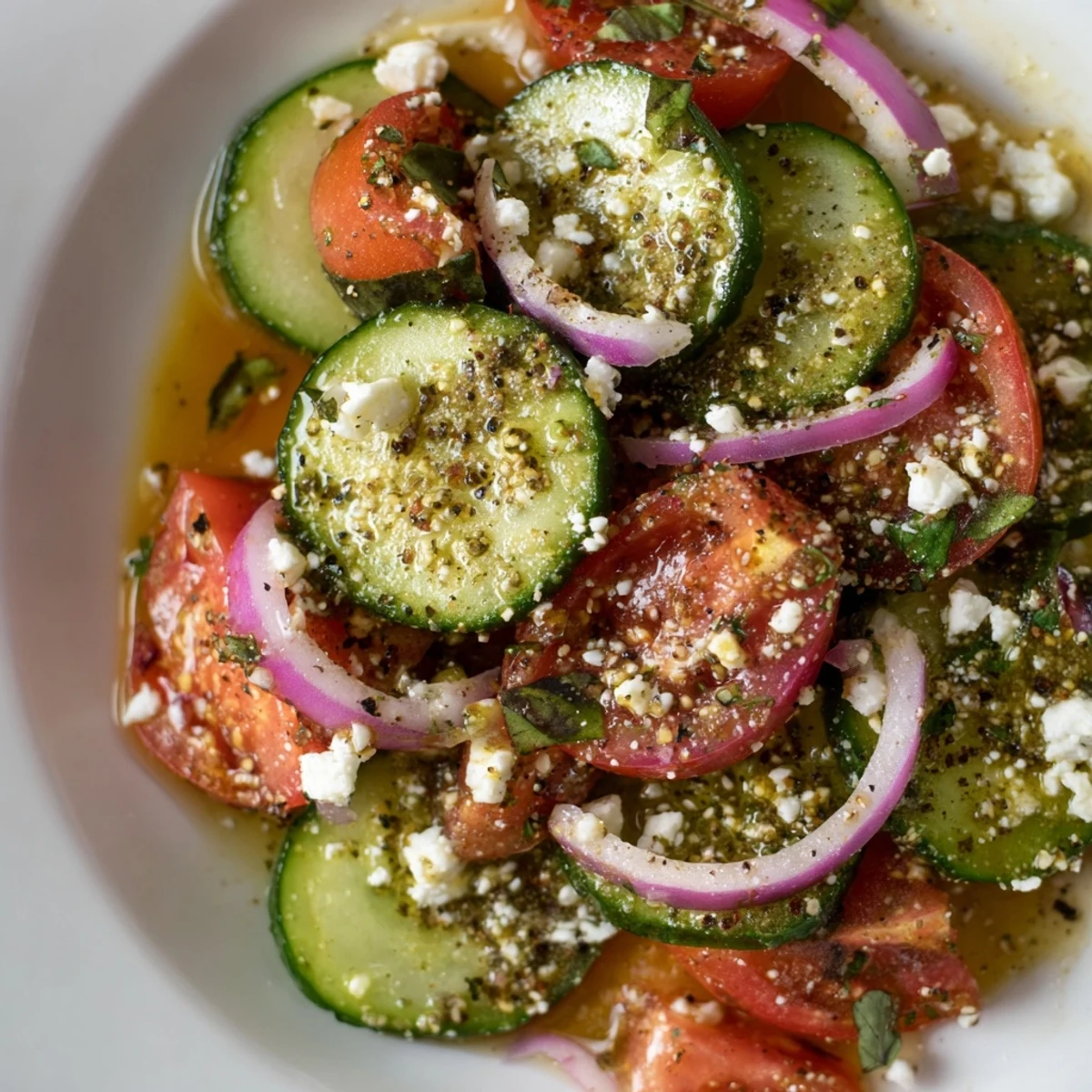 Fresh Italian cucumber salad tossed with tomatoes basil and tangy vinaigrette dressing