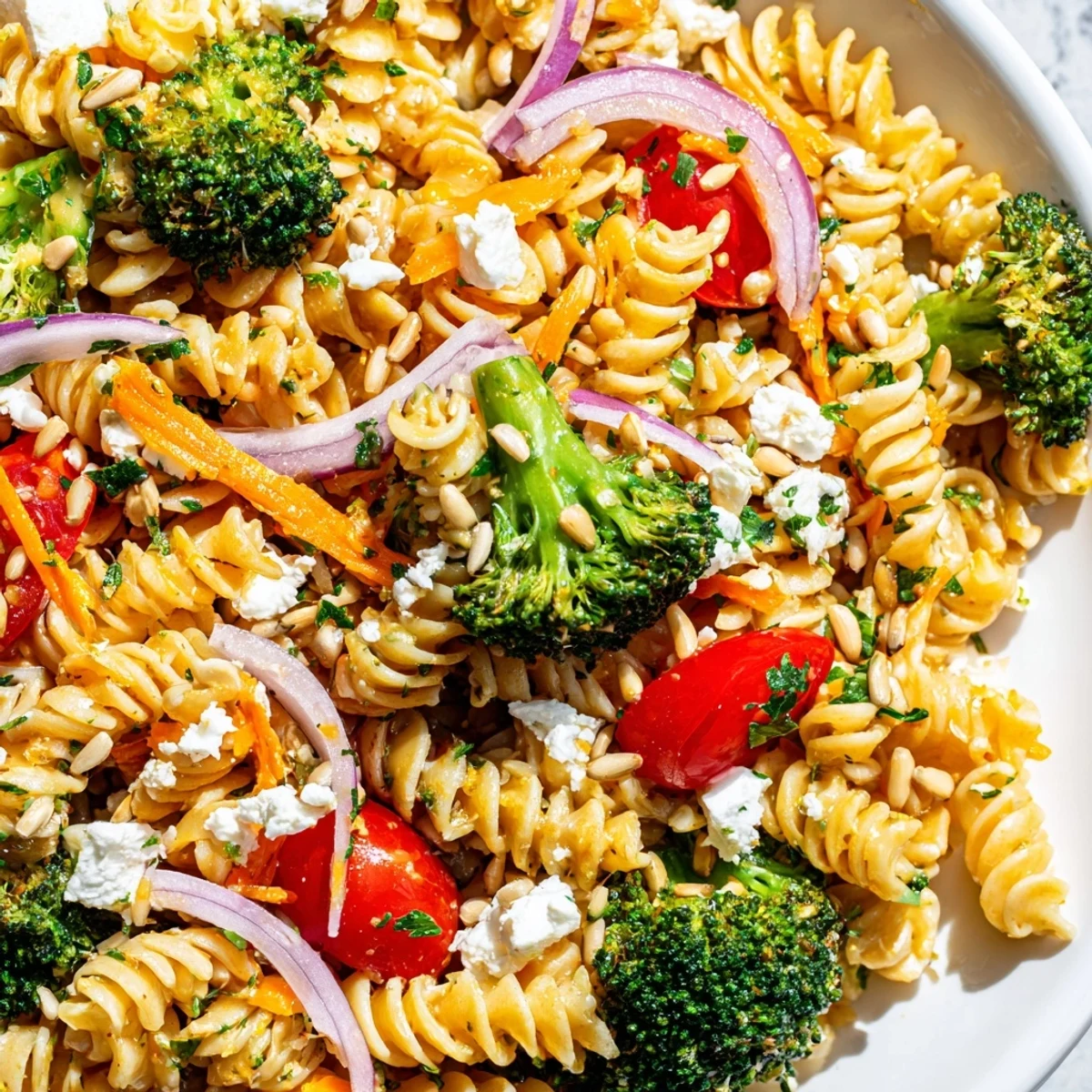 Fresh broccoli pasta salad in a serving bowl with cherry tomatoes and lemon dressing