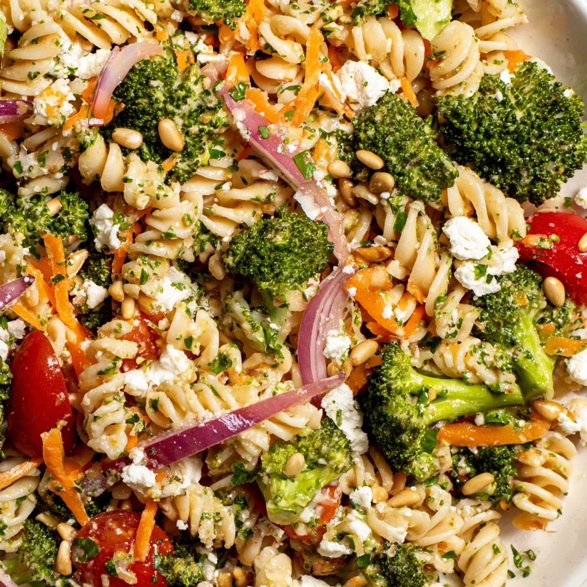 Colorful broccoli pasta salad topped with crumbled feta and crunchy toasted sunflower seeds