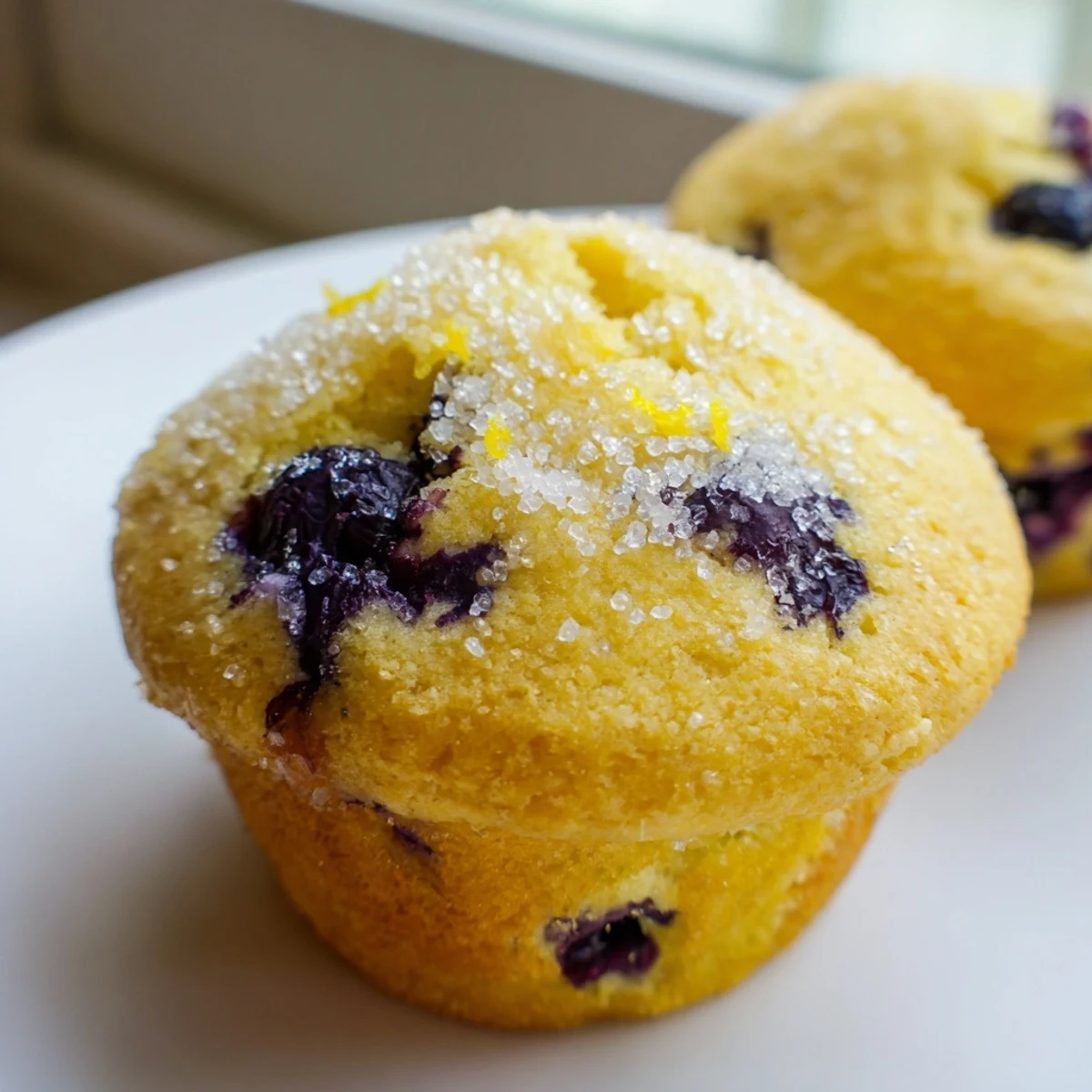 Golden Lemon Blueberry Muffins with sparkling sugar tops displayed on a rustic wooden board