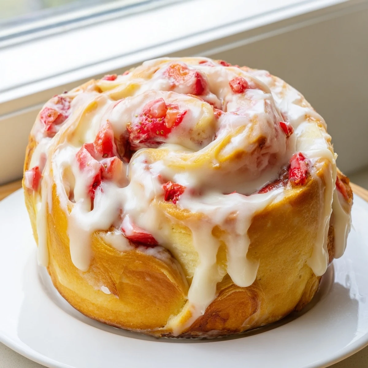 Golden strawberry cheesecake Cinnabon rolls drizzled with creamy vanilla glaze on white plate