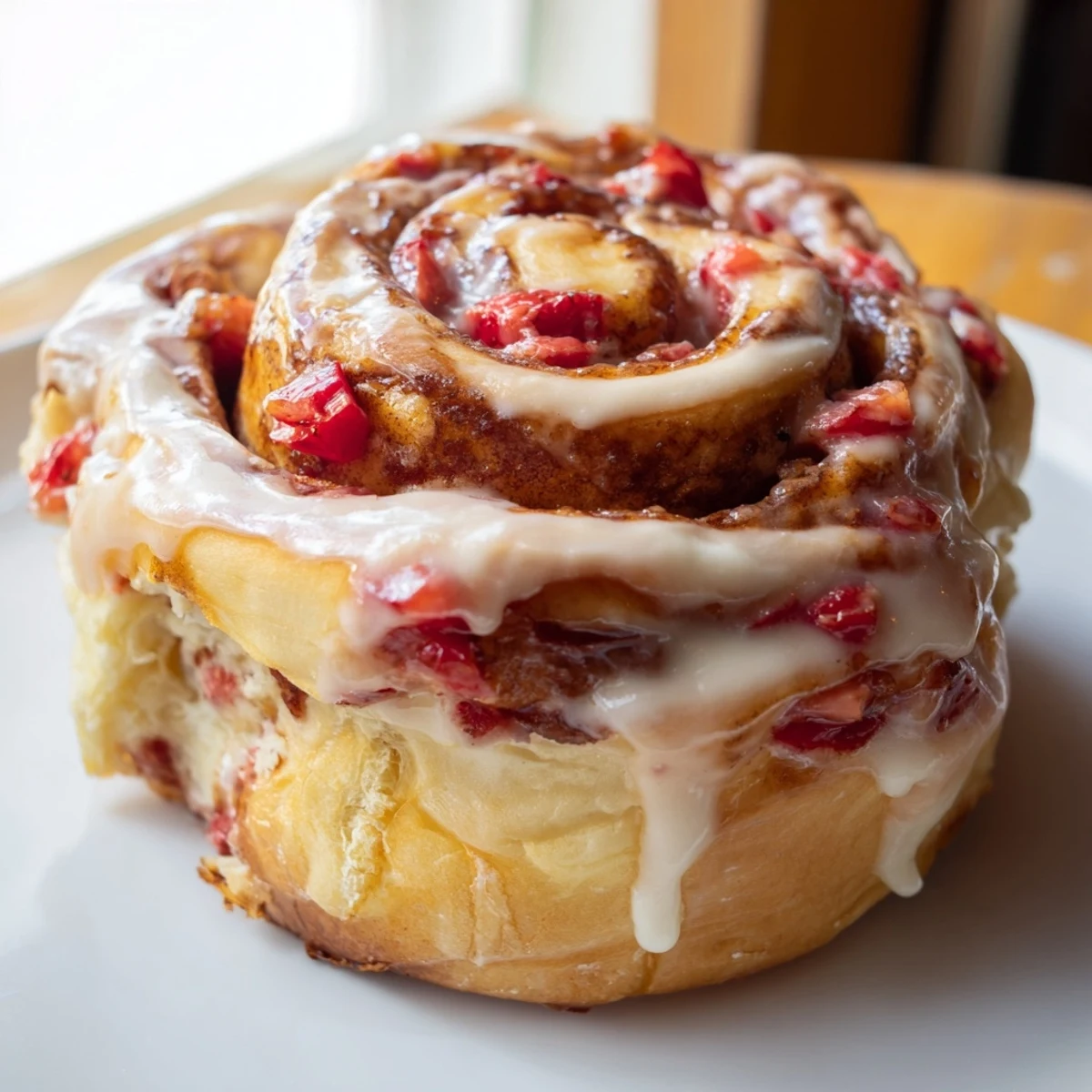 Fluffy cinnamon rolls with cheesecake filling and fresh strawberries topped with sweet vanilla icing