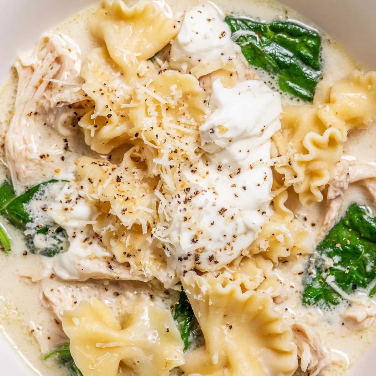 Creamy white lasagna soup with tender noodles and melted cheese in a rustic bowl