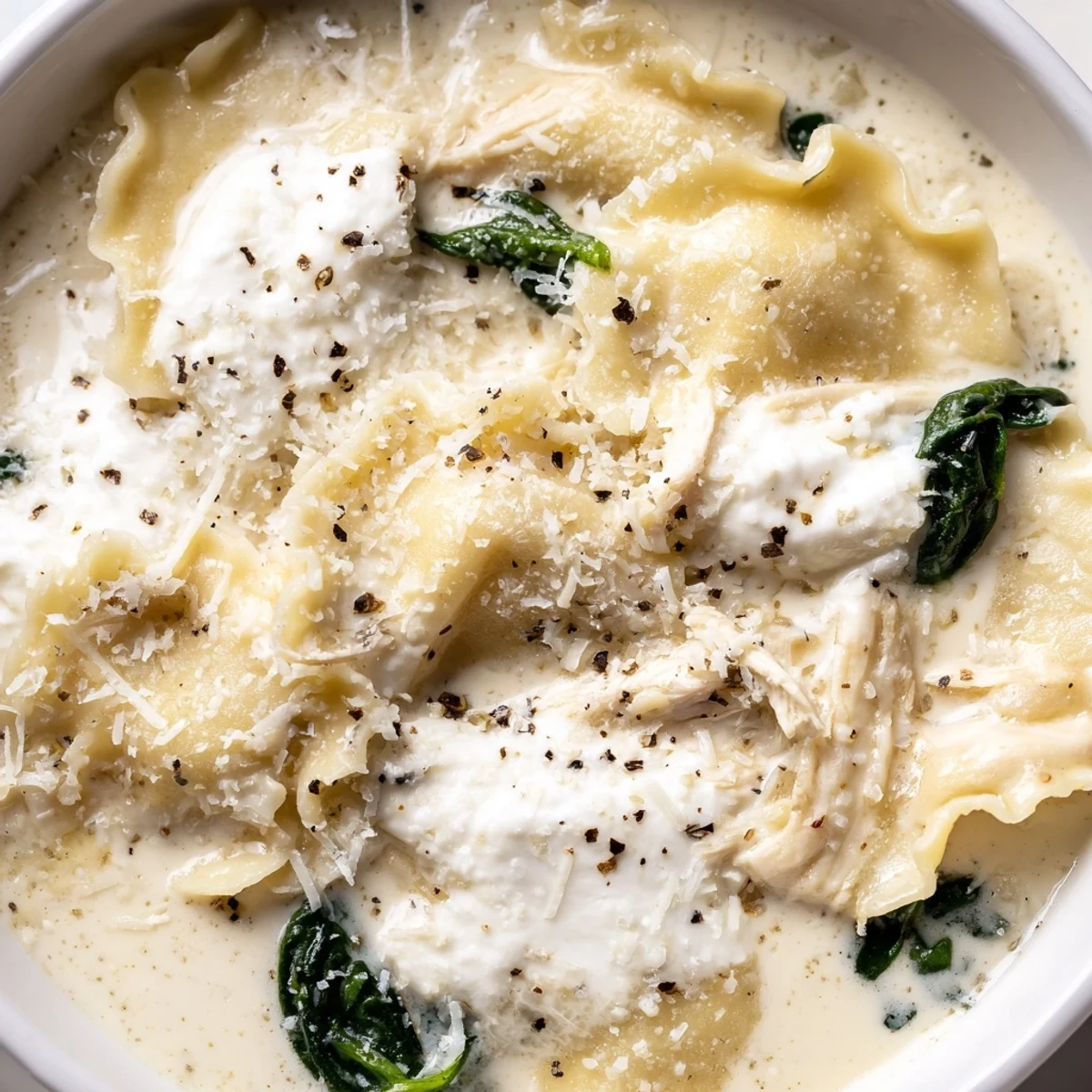 Steaming bowl of white lasagna soup topped with Parmesan and fresh cracked pepper