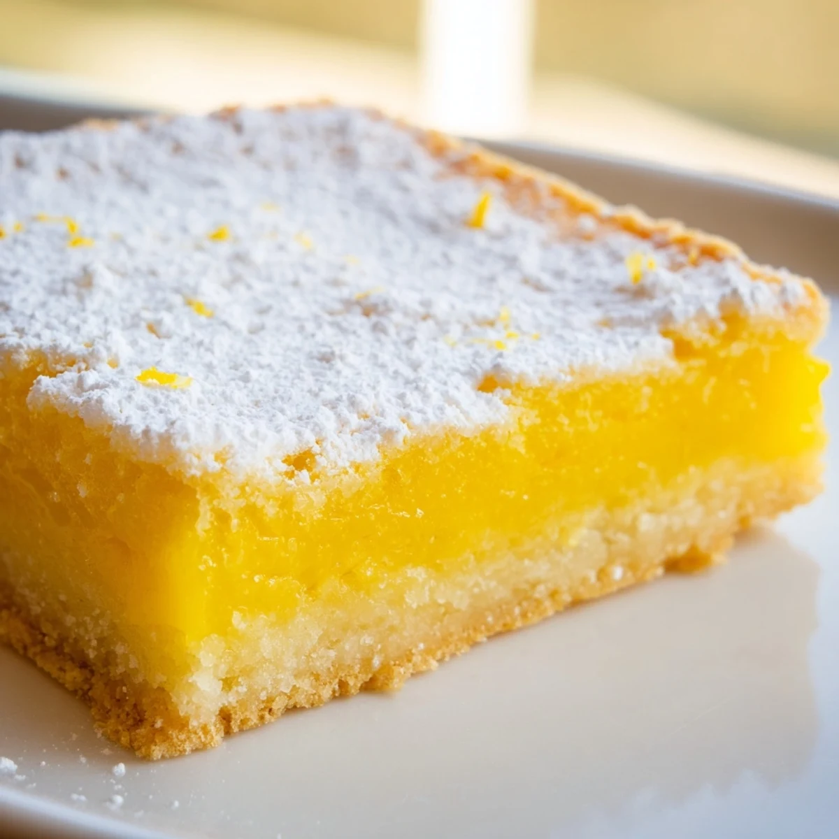 Golden lemon bars with powdered sugar dusting on a rustic white serving plate