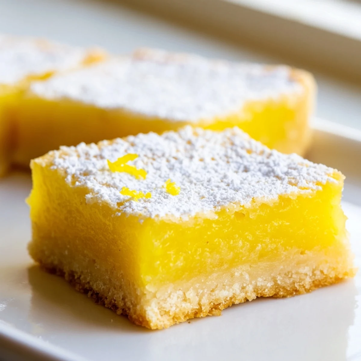 Freshly baked lemon bars with a buttery shortbread crust and bright citrus topping