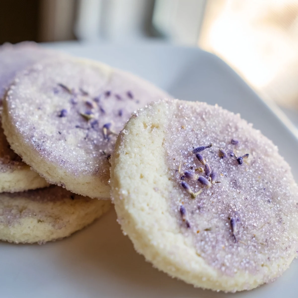 Buttery lilac sugar cookies arranged on a rustic white serving plate