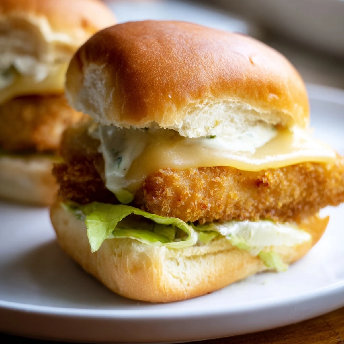Mini Filet O Fish sliders topped with cheddar cheese, fresh lettuce, and tangy homemade tartar sauce
