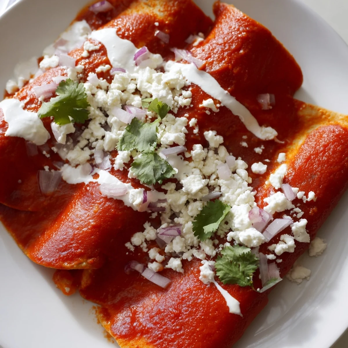 Entomatadas topped with crumbled queso fresco and fresh cilantro on a white plate