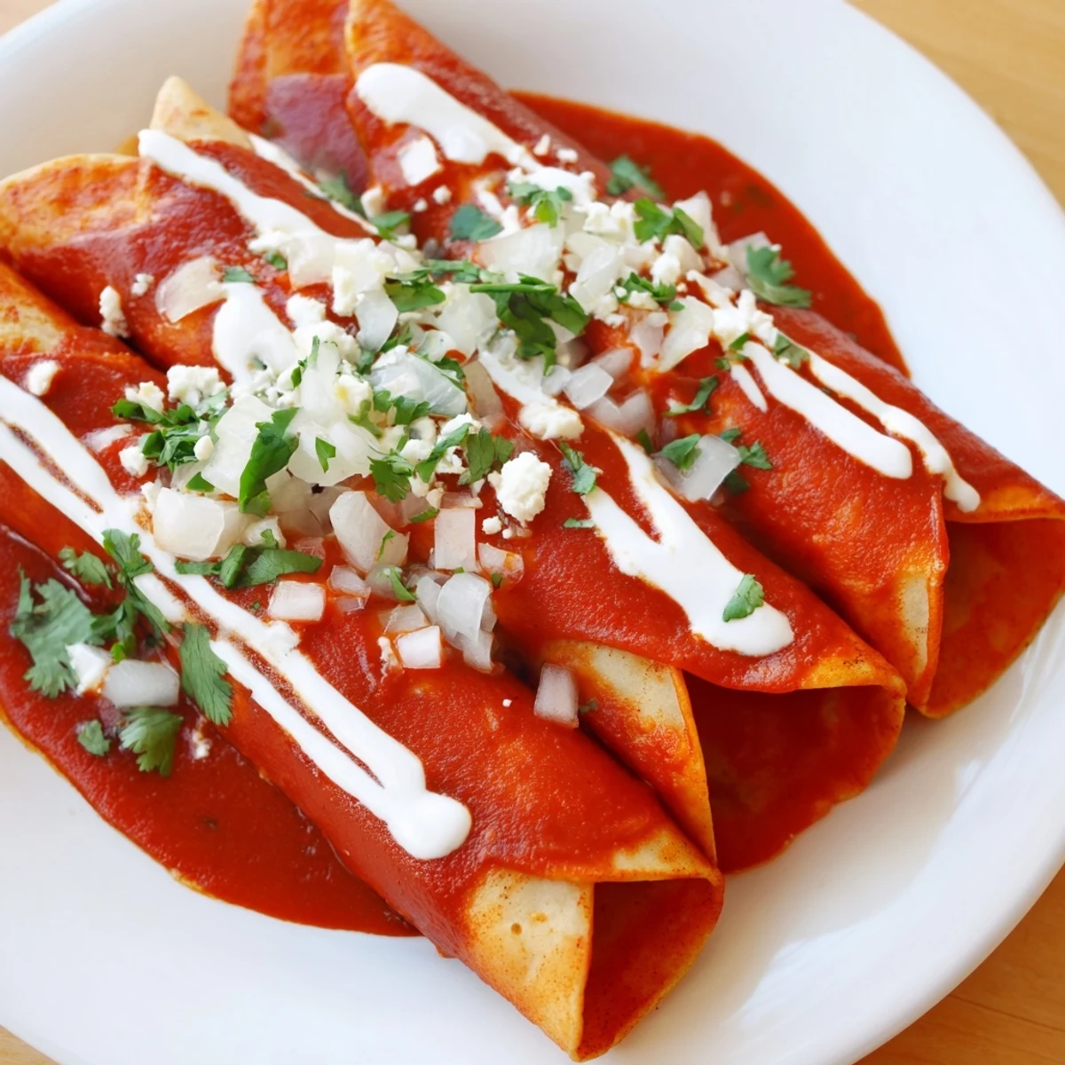 Golden corn tortillas coated in rich red tomato sauce served as Mexican entomatadas