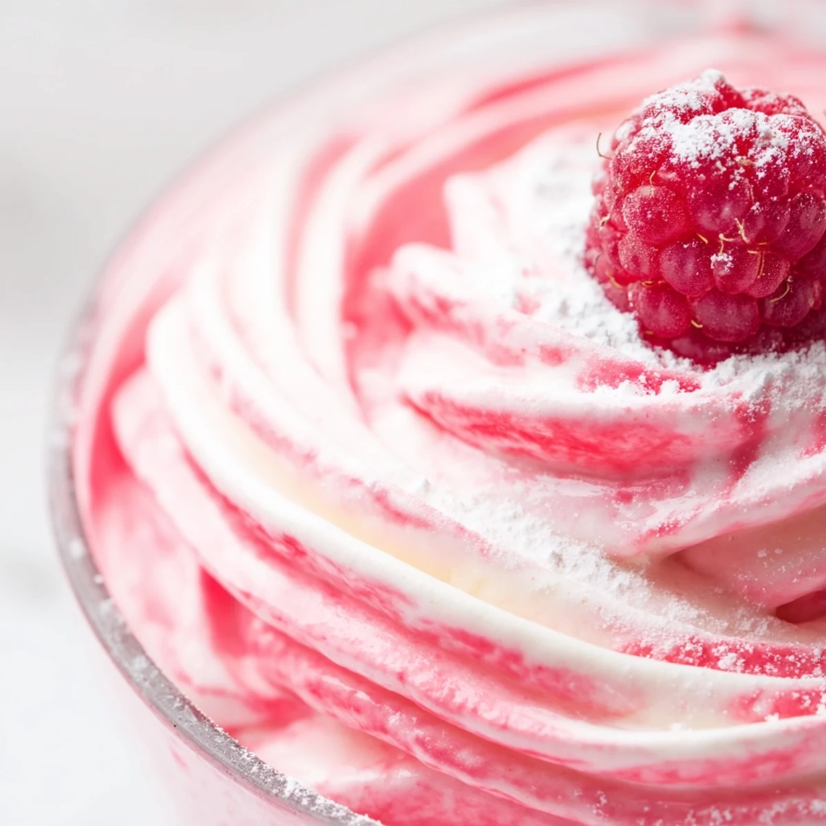 Fresh Raspberry Cloud Mousse topped with whole berries in elegant glass serving dishes