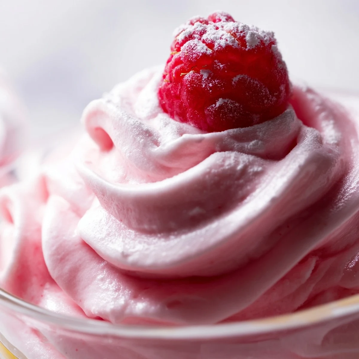 Silky pink Fresh Raspberry Cloud Mousse spooned into crystal dessert cups with berry garnish