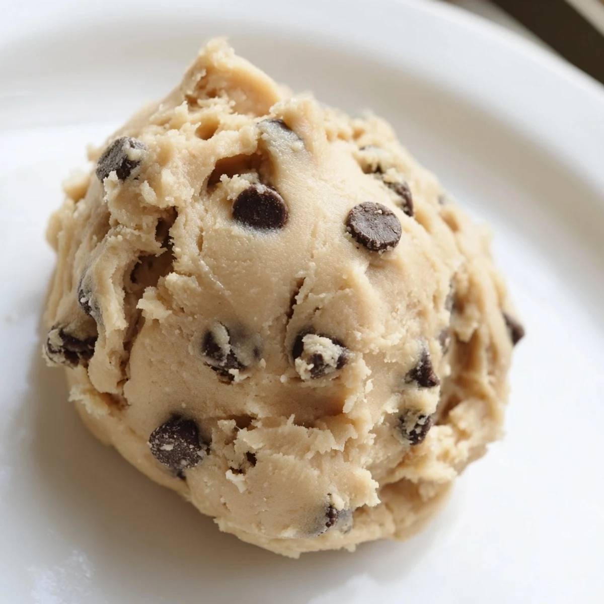 Creamy chocolate chip cookie dough scooped into balls and studded with mini chocolate chips