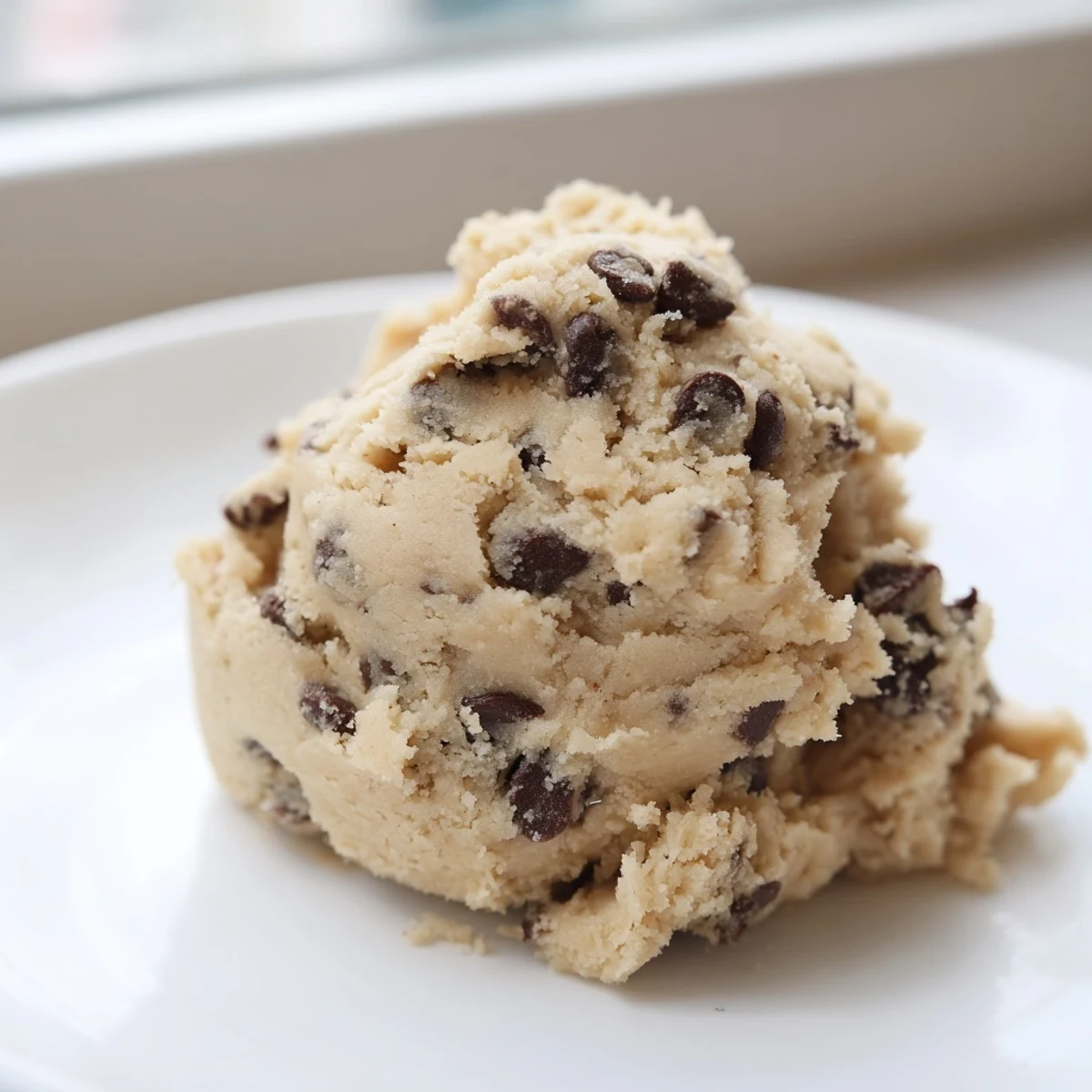 Edible chocolate chip cookie dough in a rustic bowl ready for spooning and snacking