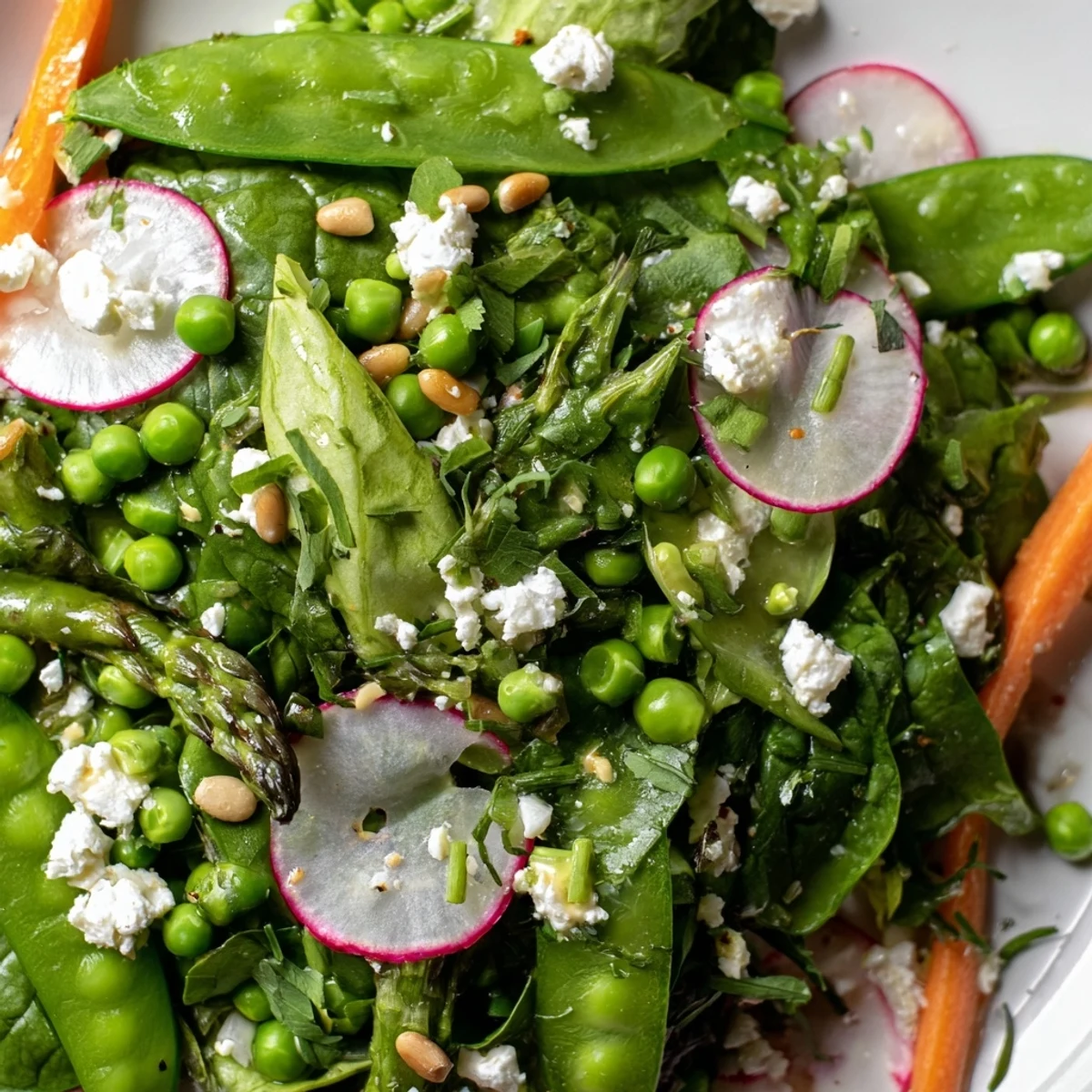 Bright spring salad with crisp greens, radishes, and citrus vinaigrette in a rustic wooden bowl