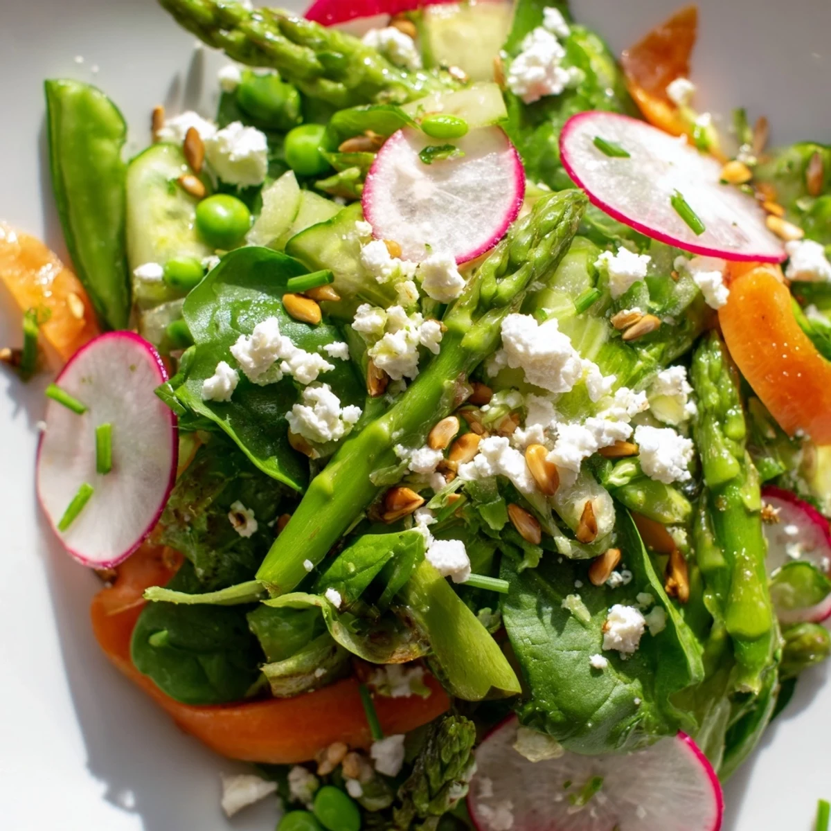 Fresh bright spring salad topped with crumbled feta cheese and toasted sunflower seeds