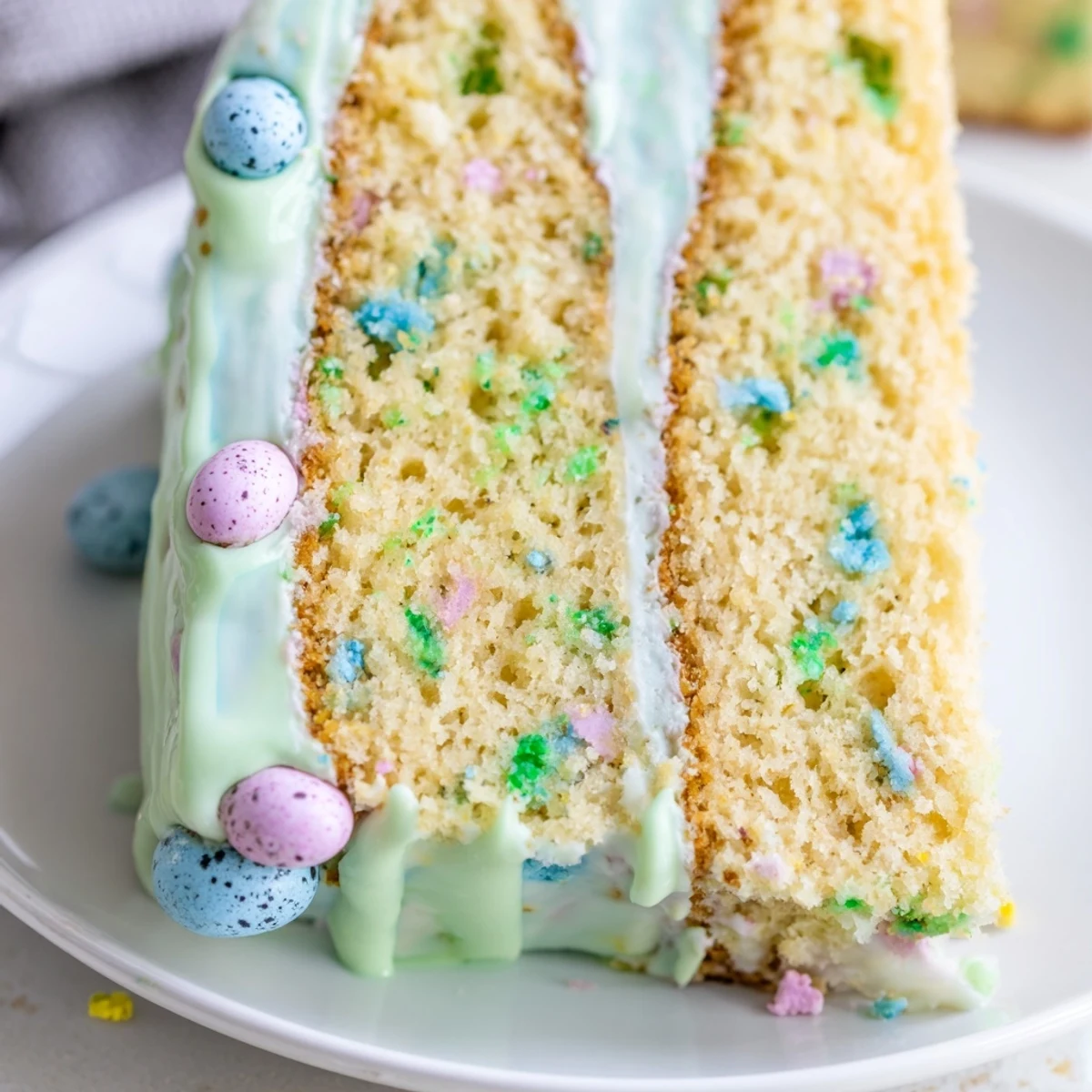 Tender Robin Egg Snack Cake topped with pastel glaze and colorful candy-coated chocolate eggs