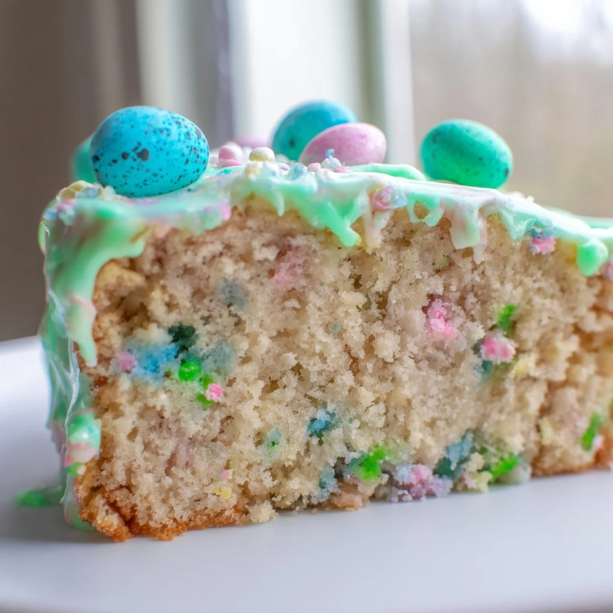 Sliced Robin Egg Snack Cake on a plate showing vanilla crumb speckled with candy pieces