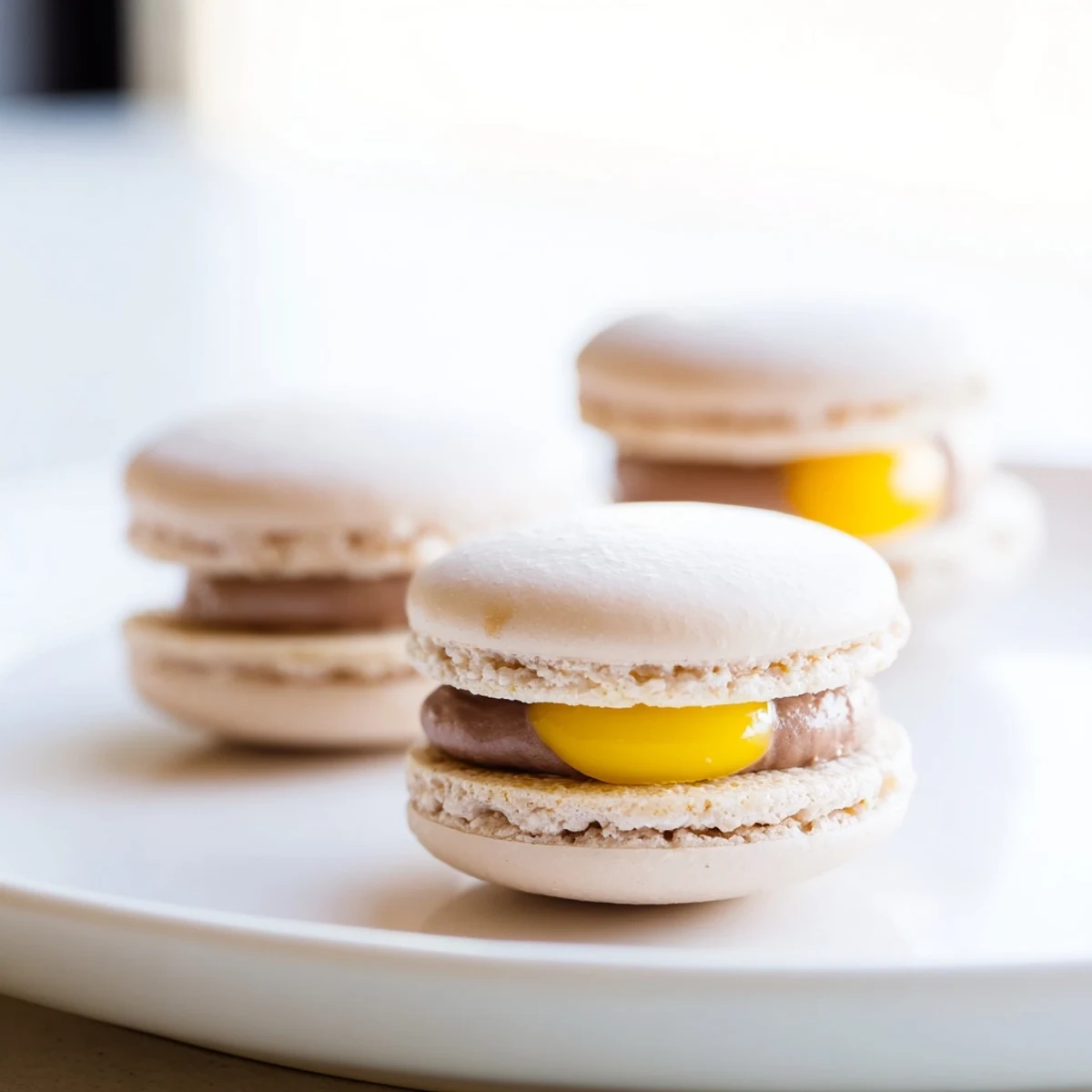 Cadbury Egg macarons with glossy chocolate shells and creamy yellow center filling
