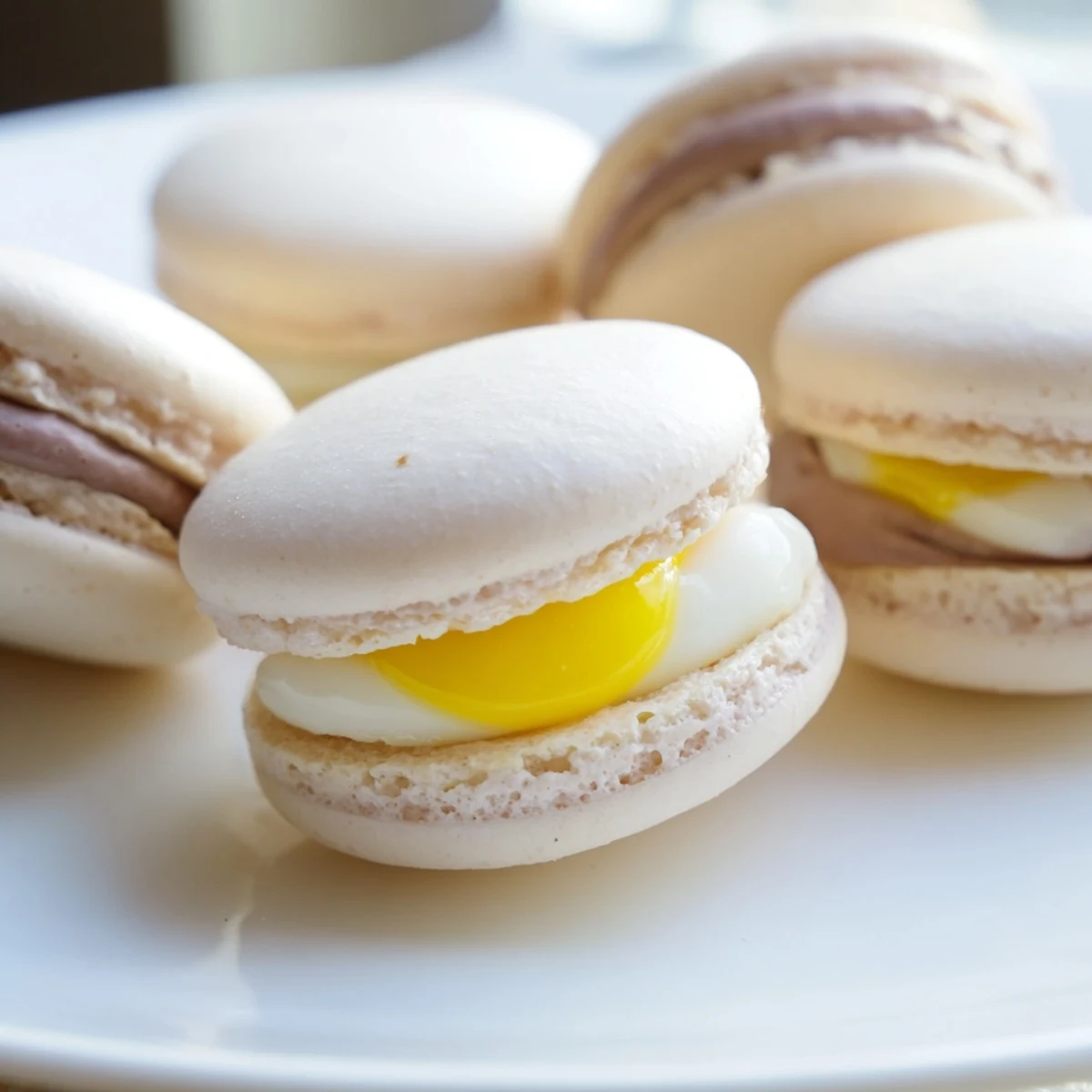 Delicate French Cadbury Egg macarons sandwiched with rich milk chocolate ganache