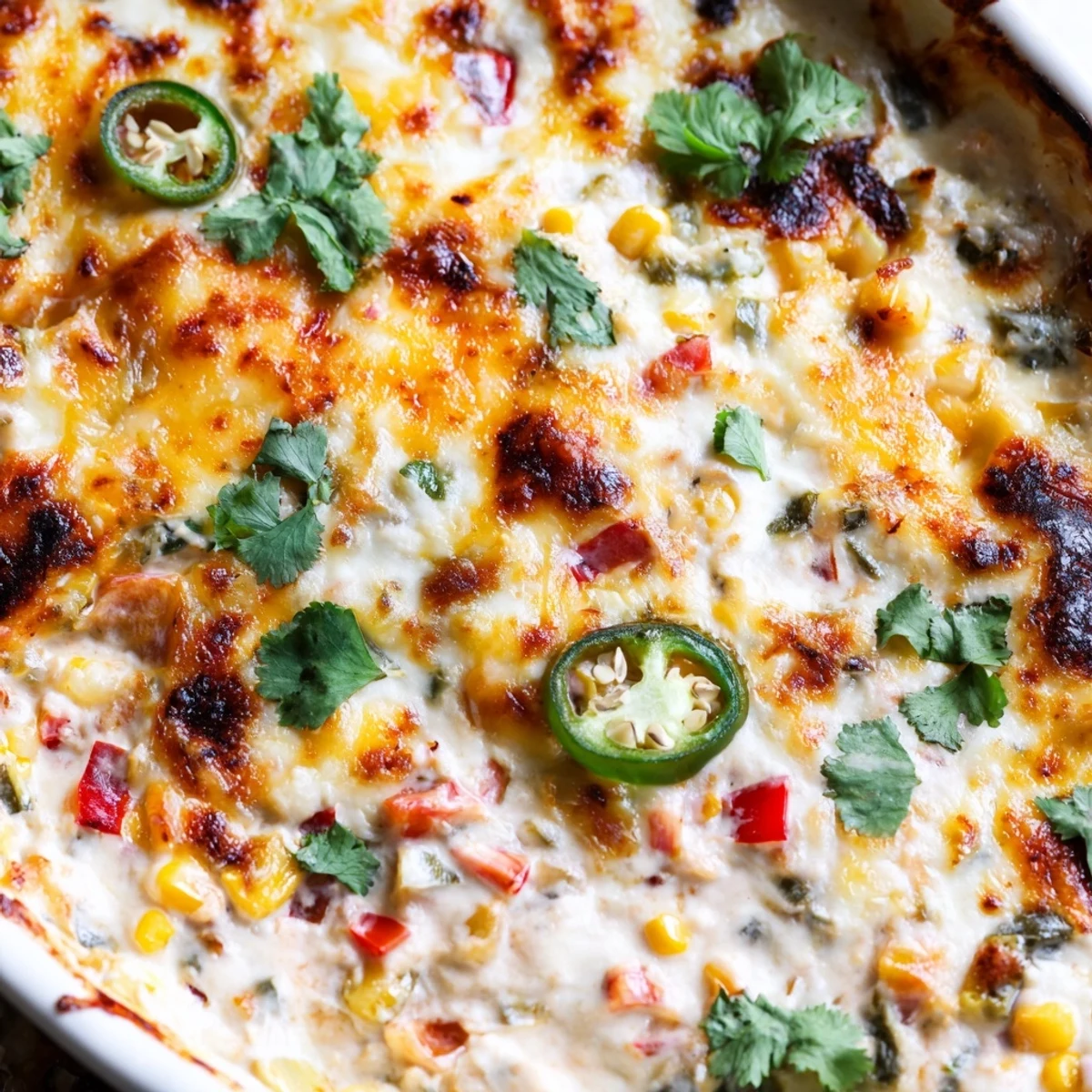 Creamy spicy roasted jalapeno cowboy cream cheese dip served bubbling in a rustic baking dish