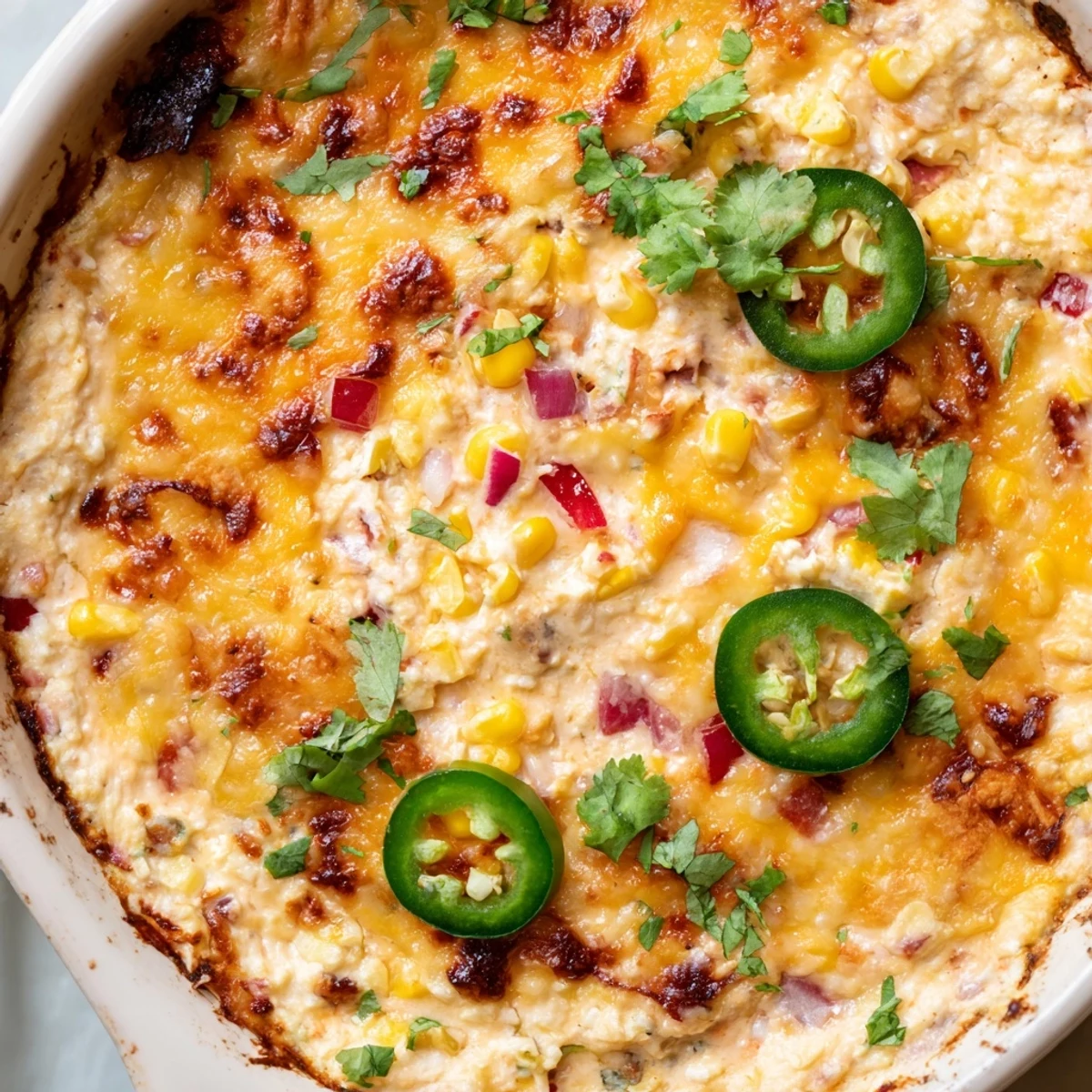 Golden bubbly spicy roasted jalapeno cowboy cream cheese dip topped with fresh cilantro and tortilla chips