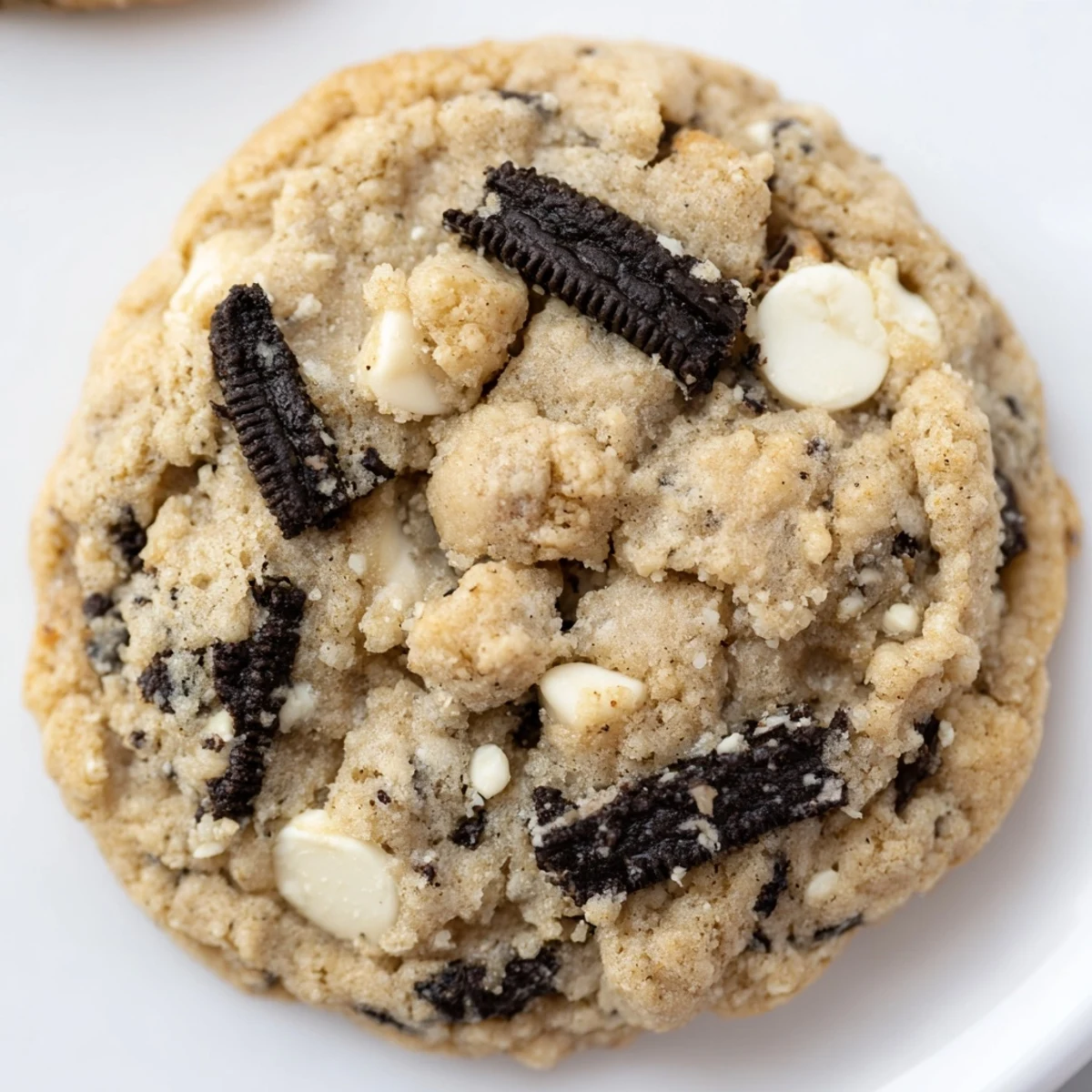 Chewy cookies and cream cookie with white chocolate chips and crushed Oreo pieces on rustic background