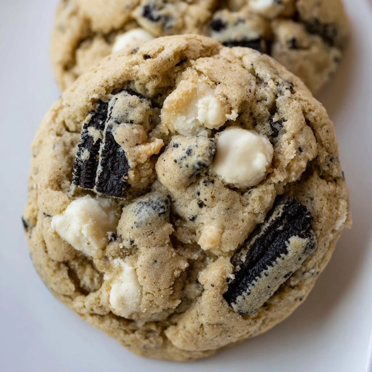 Warm cookies and cream cookie fresh from oven with golden edges and melty white chocolate