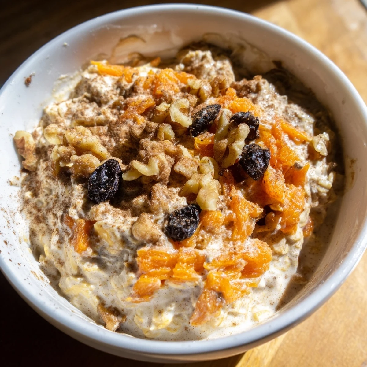 Creamy carrot cake overnight oats topped with crunchy walnuts in a glass jar