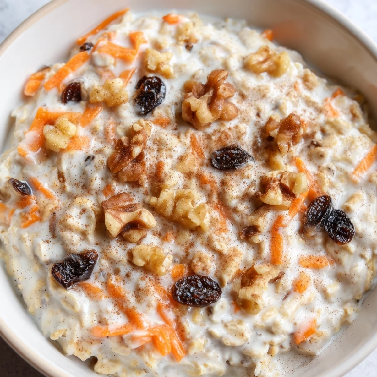 Spoonful of carrot cake overnight oats showing thick, creamy texture and cinnamon topping