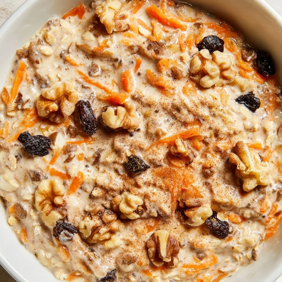 Carrot cake overnight oats with grated carrots, raisins, and spices ready to eat