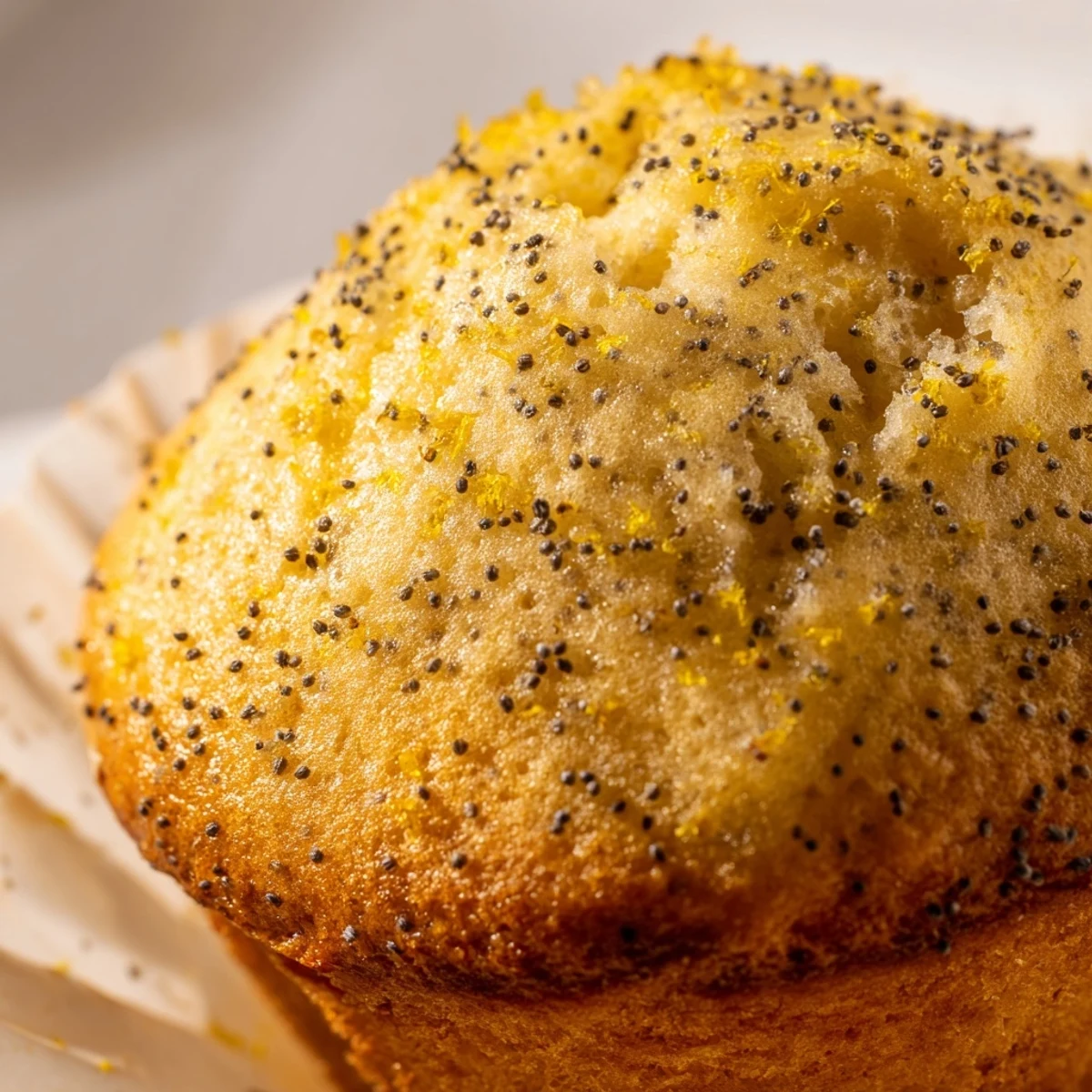 Golden lemon poppy seed muffins with domed tops fresh from the oven on a cooling rack