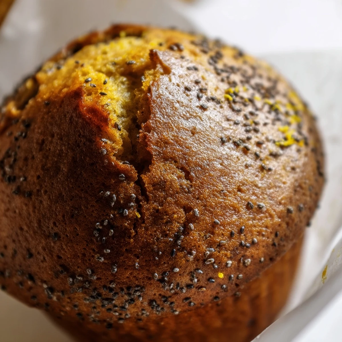Moist lemon poppy seed muffins studded with speckled seeds beside a wedge of fresh citrus