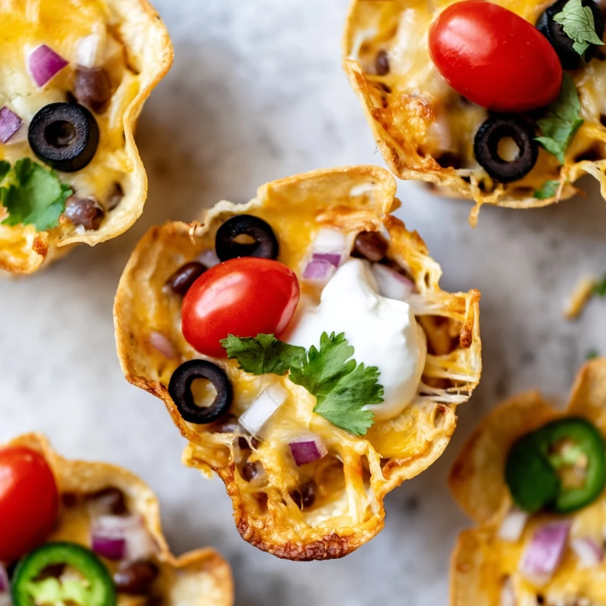 Golden cheesy nacho cups with melted cheddar, beans, and colorful toppings in crispy shells