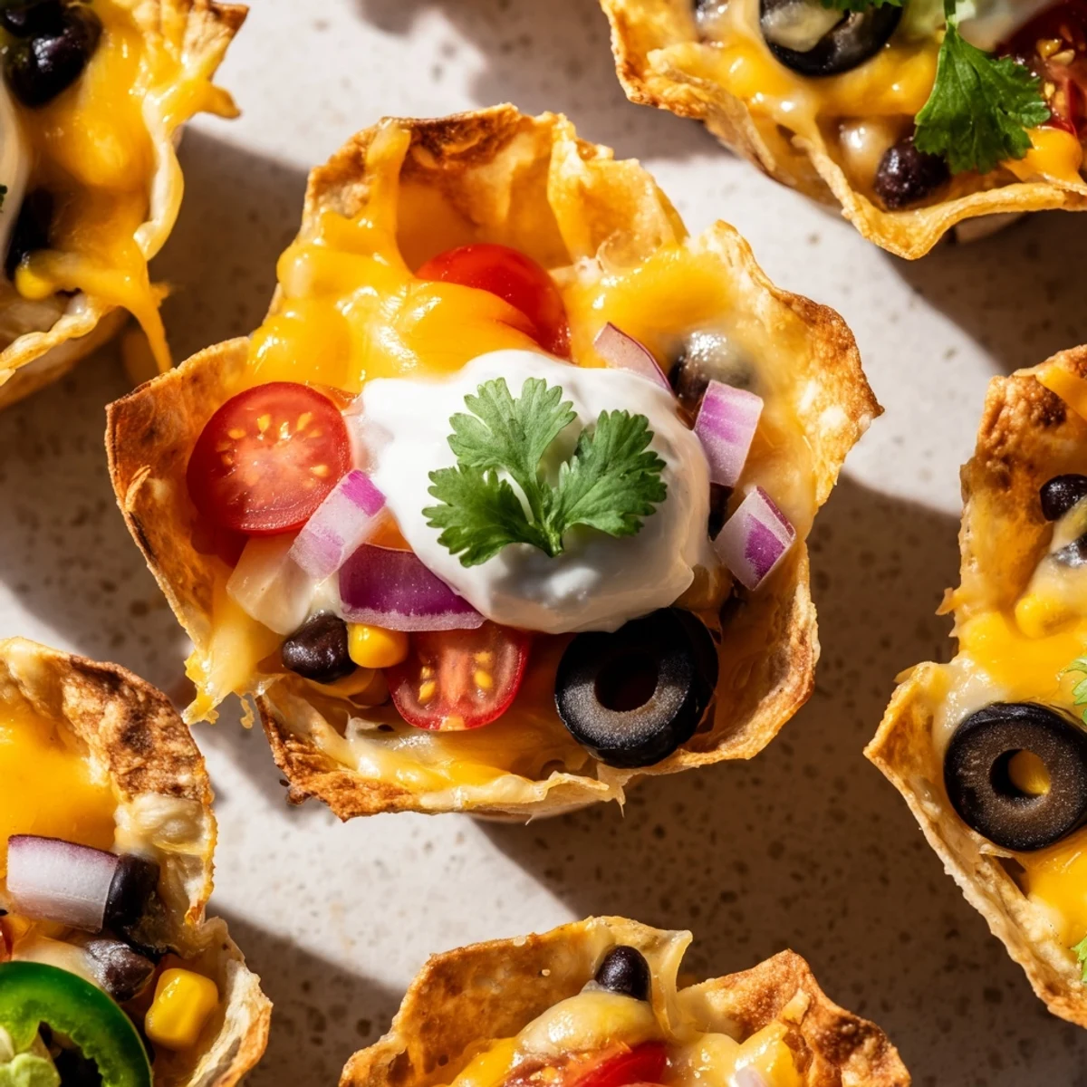 Crispy tortilla cups overflowing with gooey Monterey Jack, tomatoes, and jalapeño slices