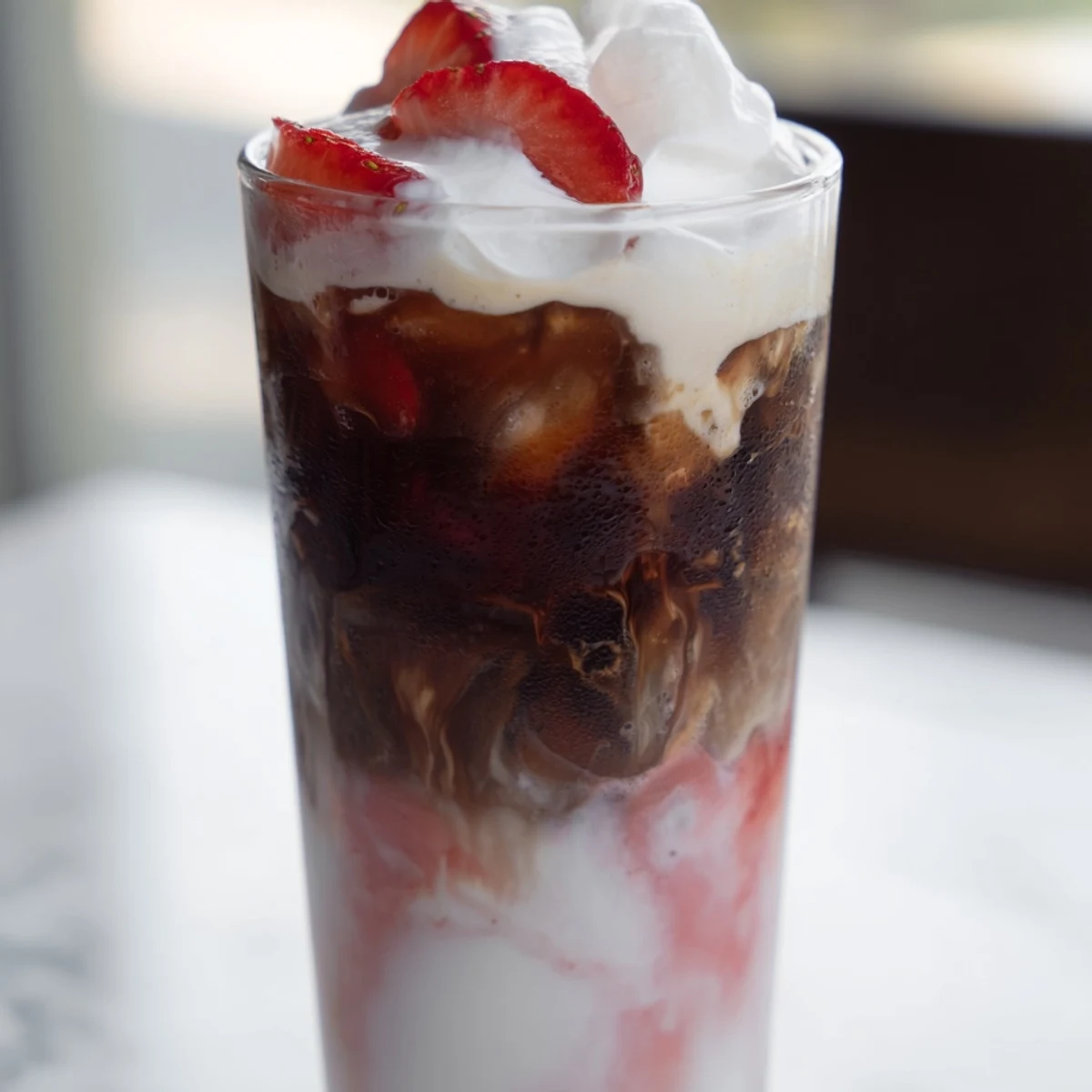 Creamy strawberry cold latte in a tall glass with swirled pink layers and ice
