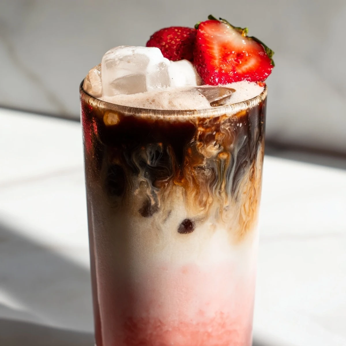 Refreshing strawberry cream cold latte topped with whipped cream and fresh berry garnish