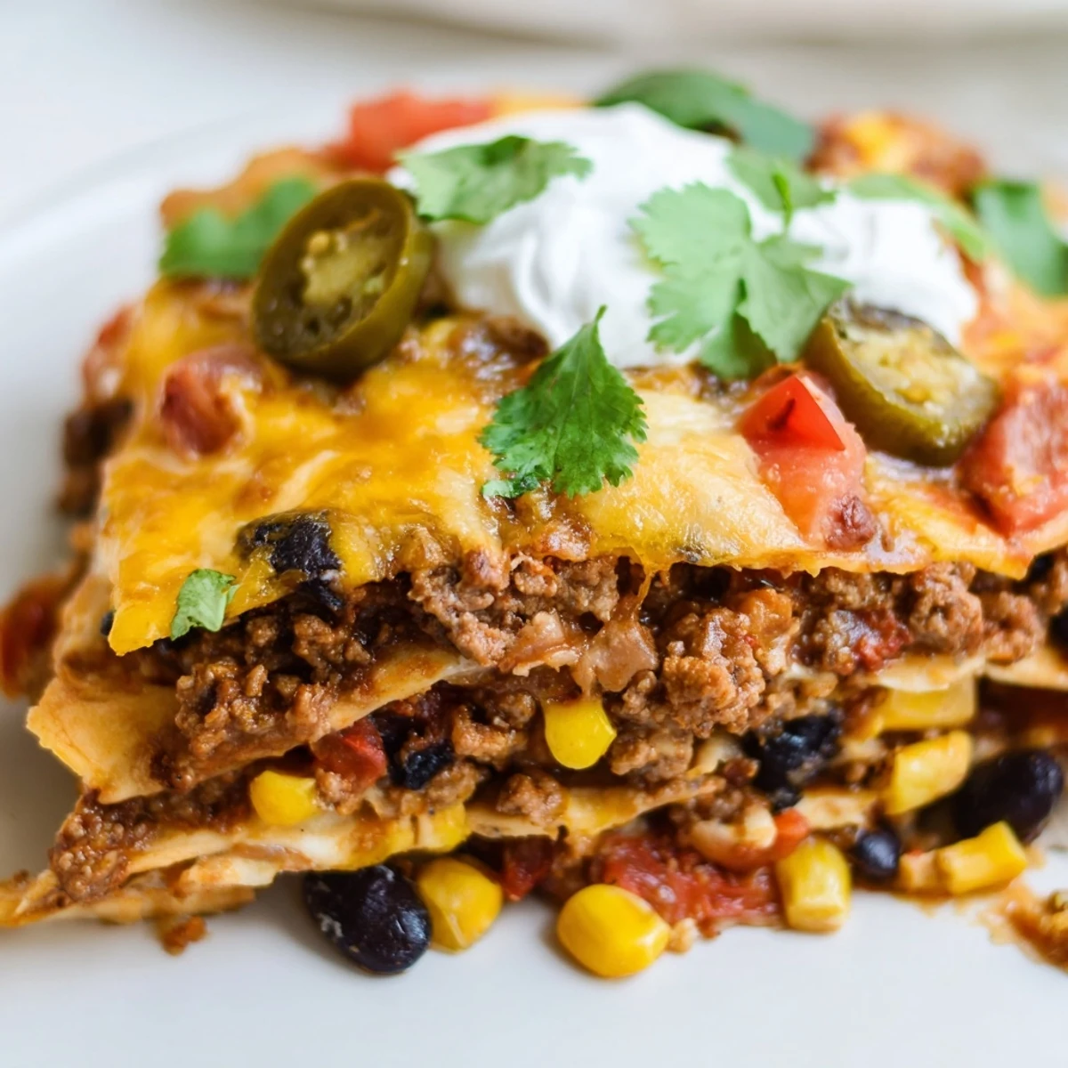 Golden bubbly Mexican lasagna with layers of seasoned beef, beans, and melted cheese