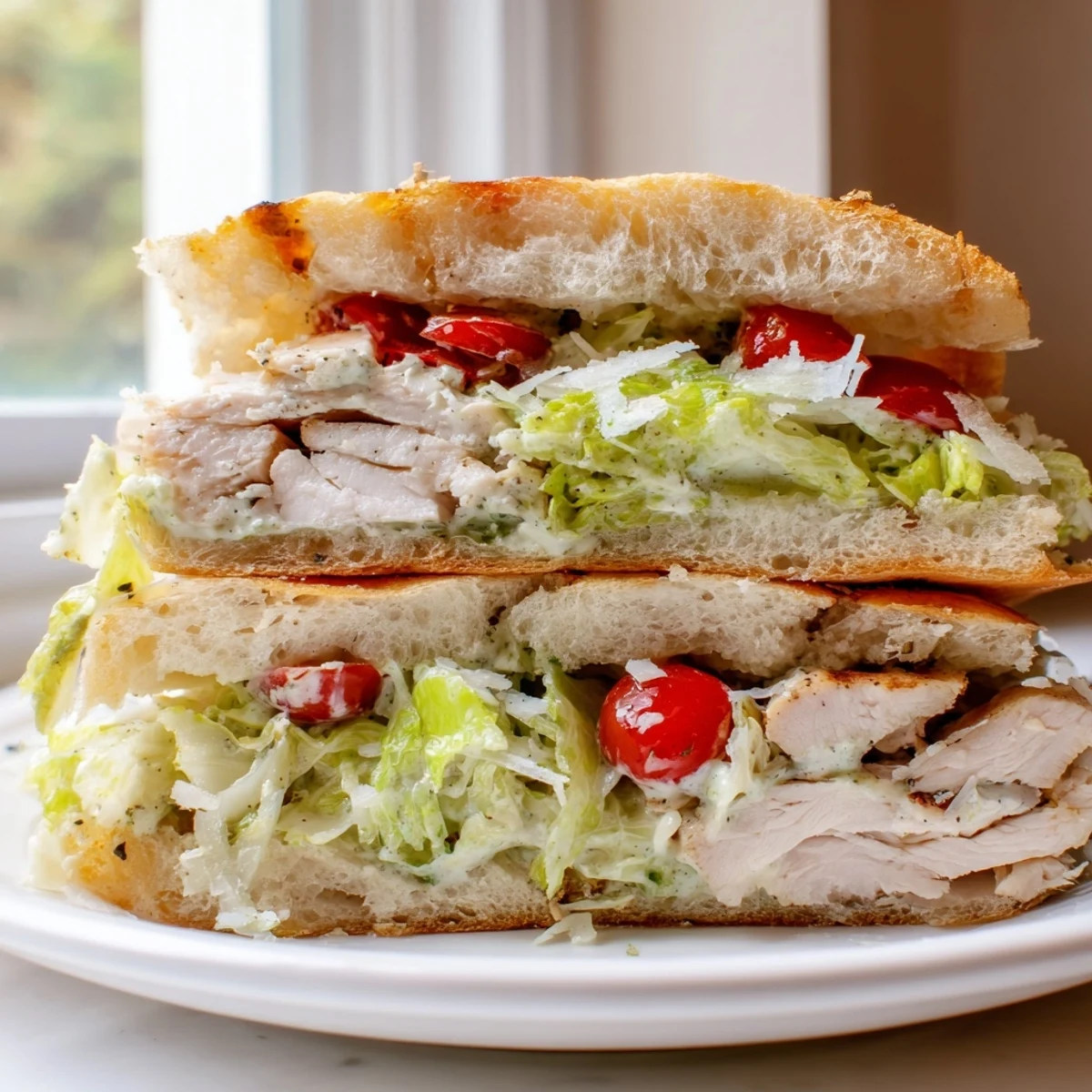 Grilled Chicken Caesar Sandwich with crisp romaine and creamy dressing on toasted ciabatta