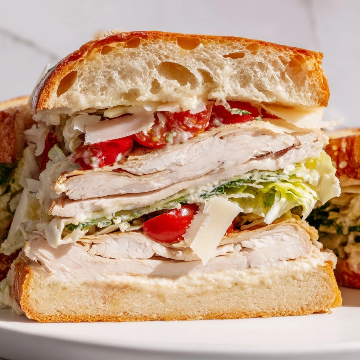 Juicy sliced Chicken Caesar Sandwich topped with shaved parmesan and fresh green lettuce